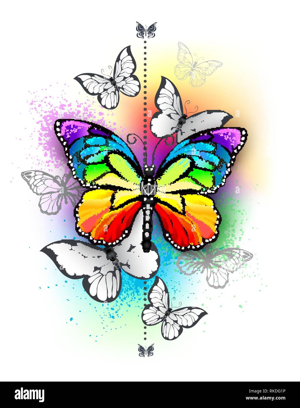 Vertikale Komposition mit Rainbow und weiße Schmetterlinge auf schillernden bunten Hintergrund. Tattoo Stil. Stock Vektor