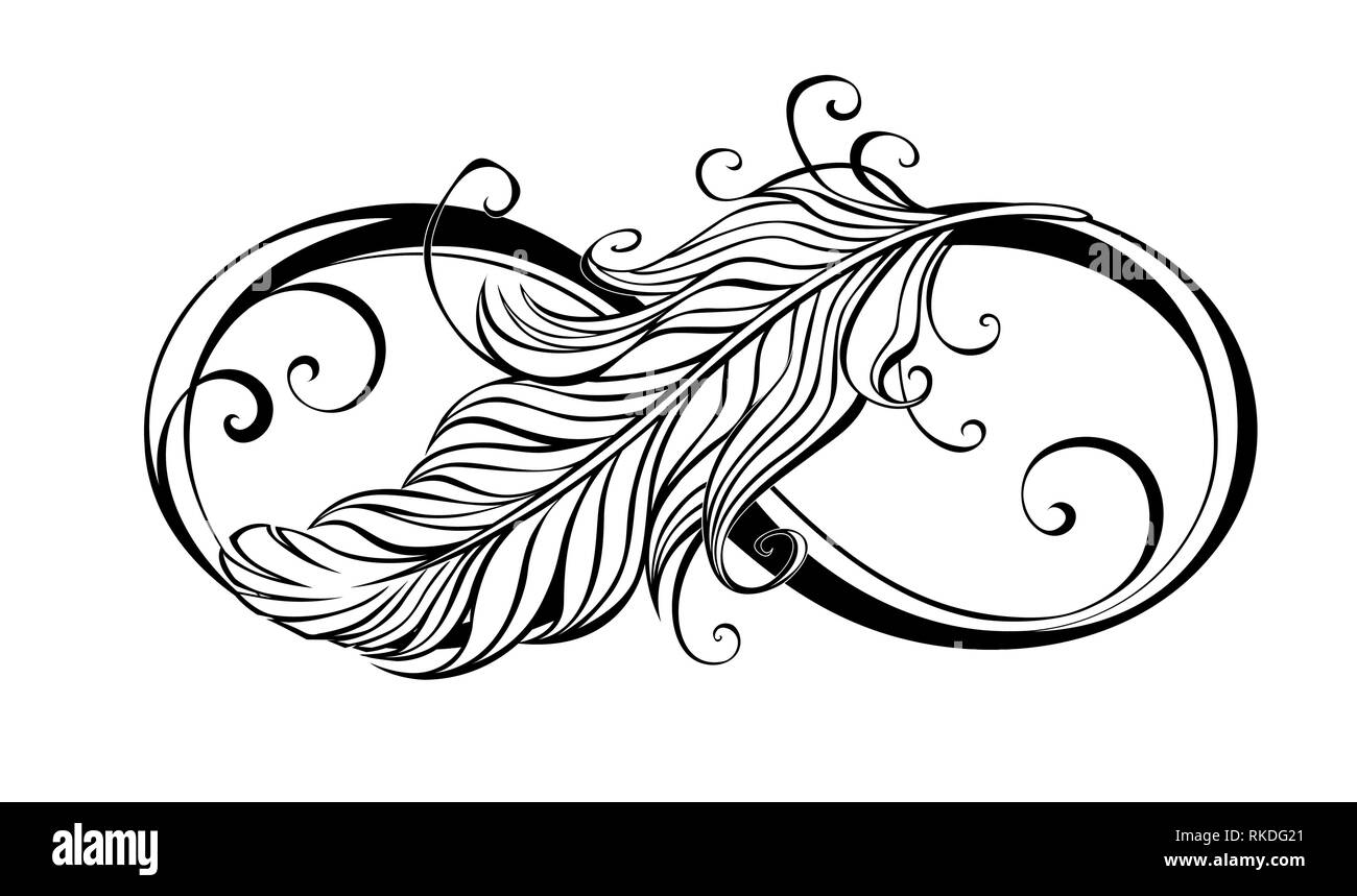 Kontur, kunstvoll ausgearbeiteten infinity Symbol mit Light Feather auf weißem Hintergrund. Stock Vektor