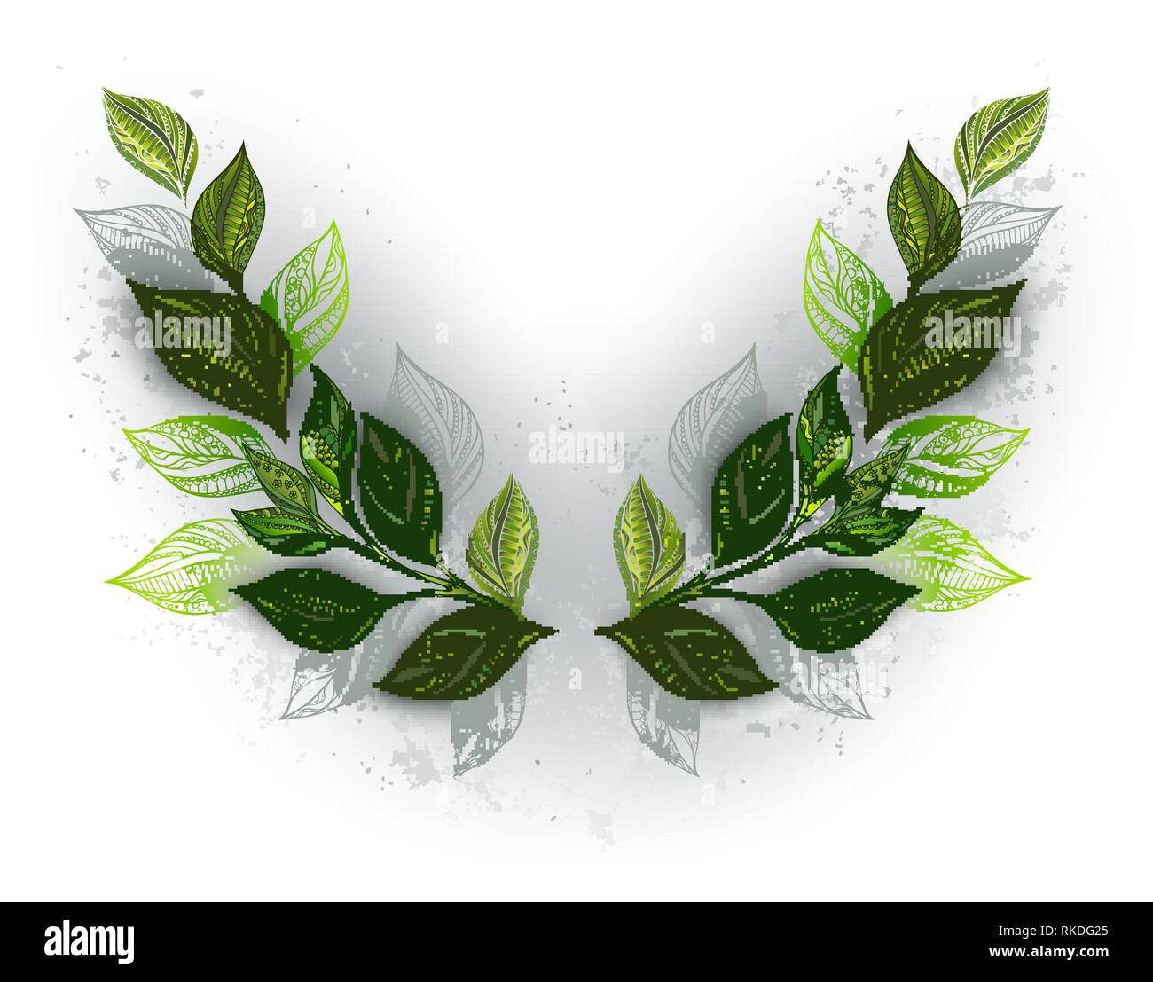 Symmetrische Muster der Gemusterten grünen und grauen Teeblätter auf weißem Hintergrund. Tee Design. Stock Vektor