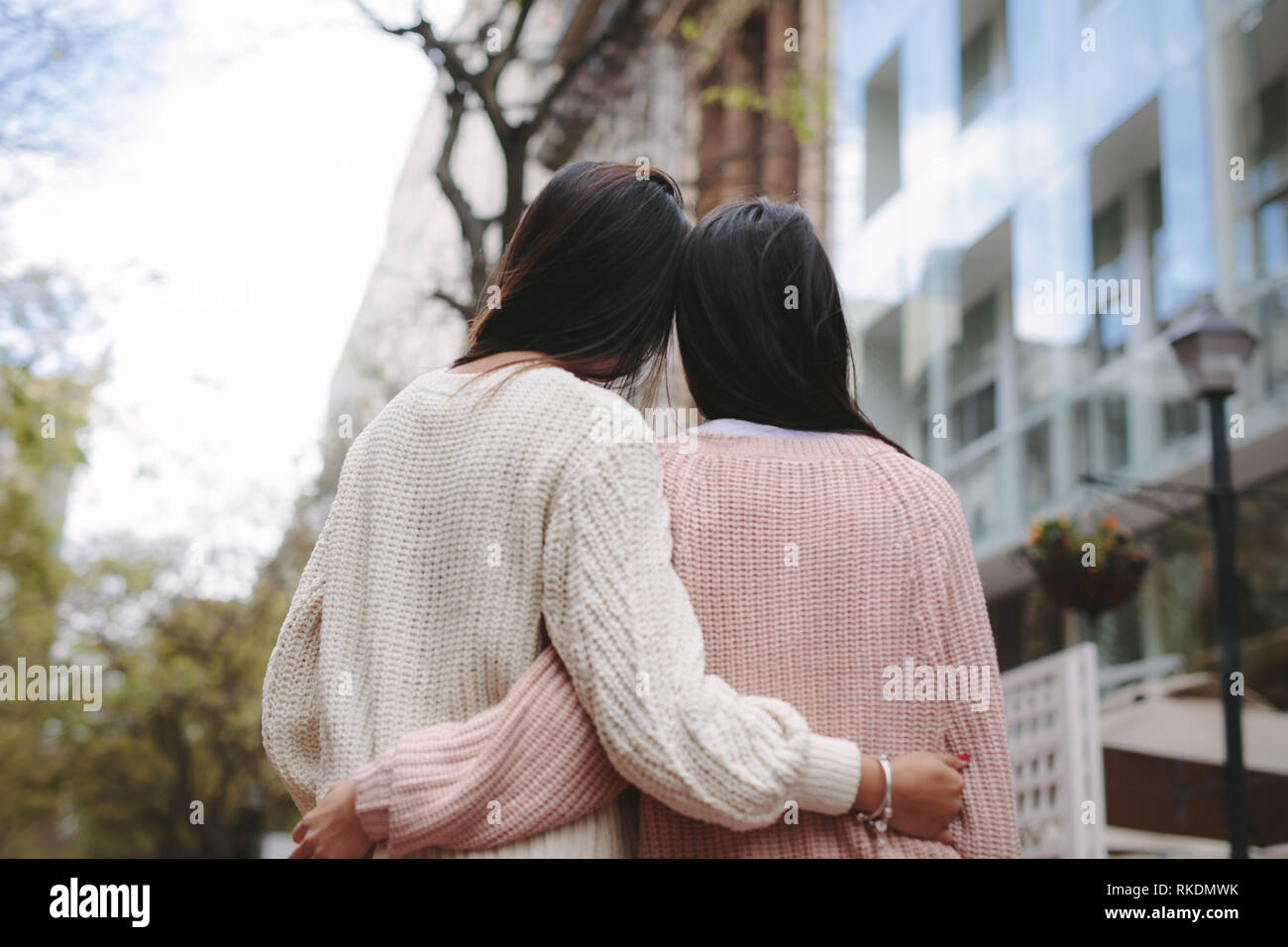 Frauen im Winter tragen gemeinsam halten. Ansicht der Rückseite zwei Frauen in Pullover steht draußen mit Arme um einander. Stockfoto