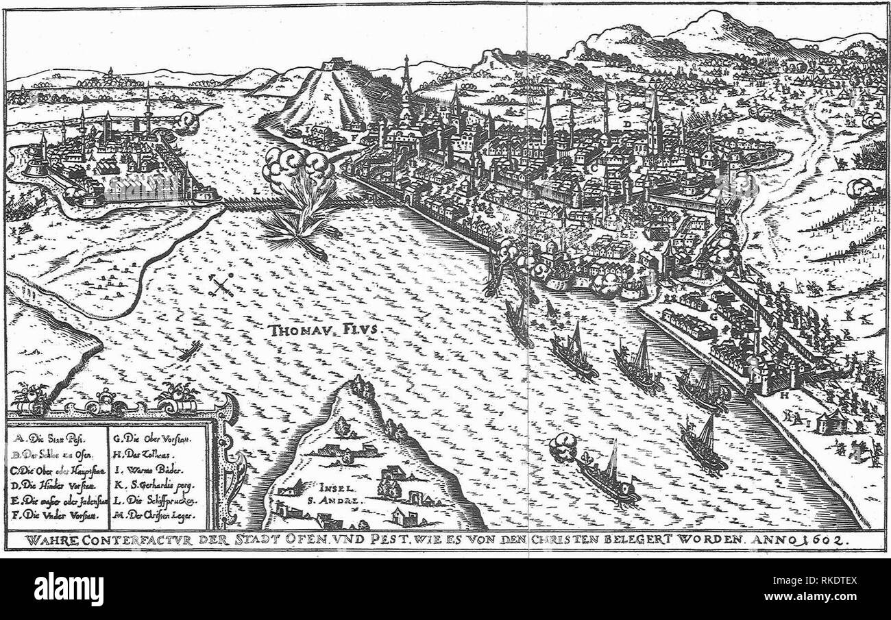 Schlacht von Pest und Belagerung von Buda im Jahre 1602. Margaret Insel ist auf dem Bild als Isl. s. Andre. Stockfoto