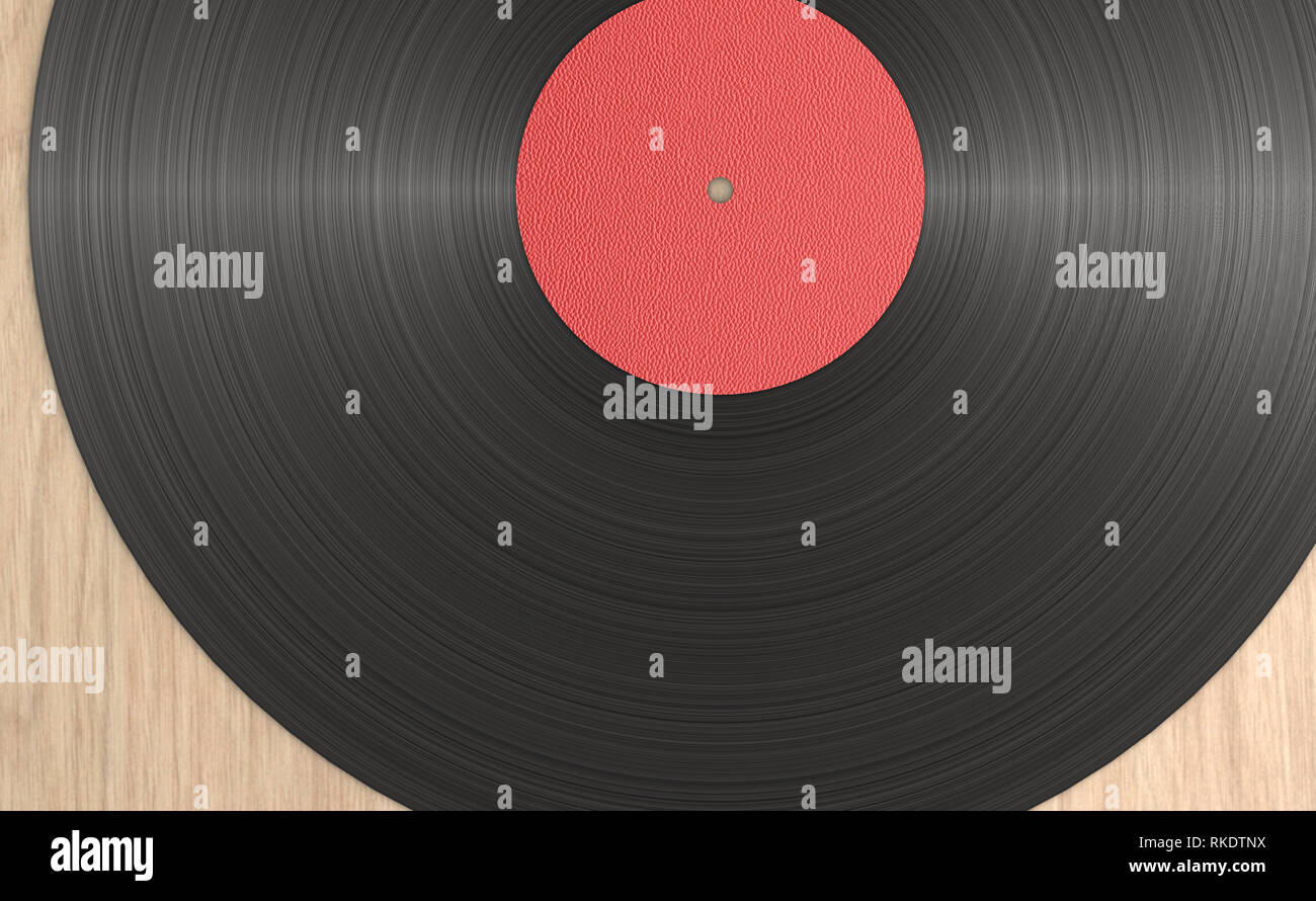 Blick von oben auf eine Schallplatte lehnend auf einem Holz- Oberfläche. 3D-Rendering Stockfoto