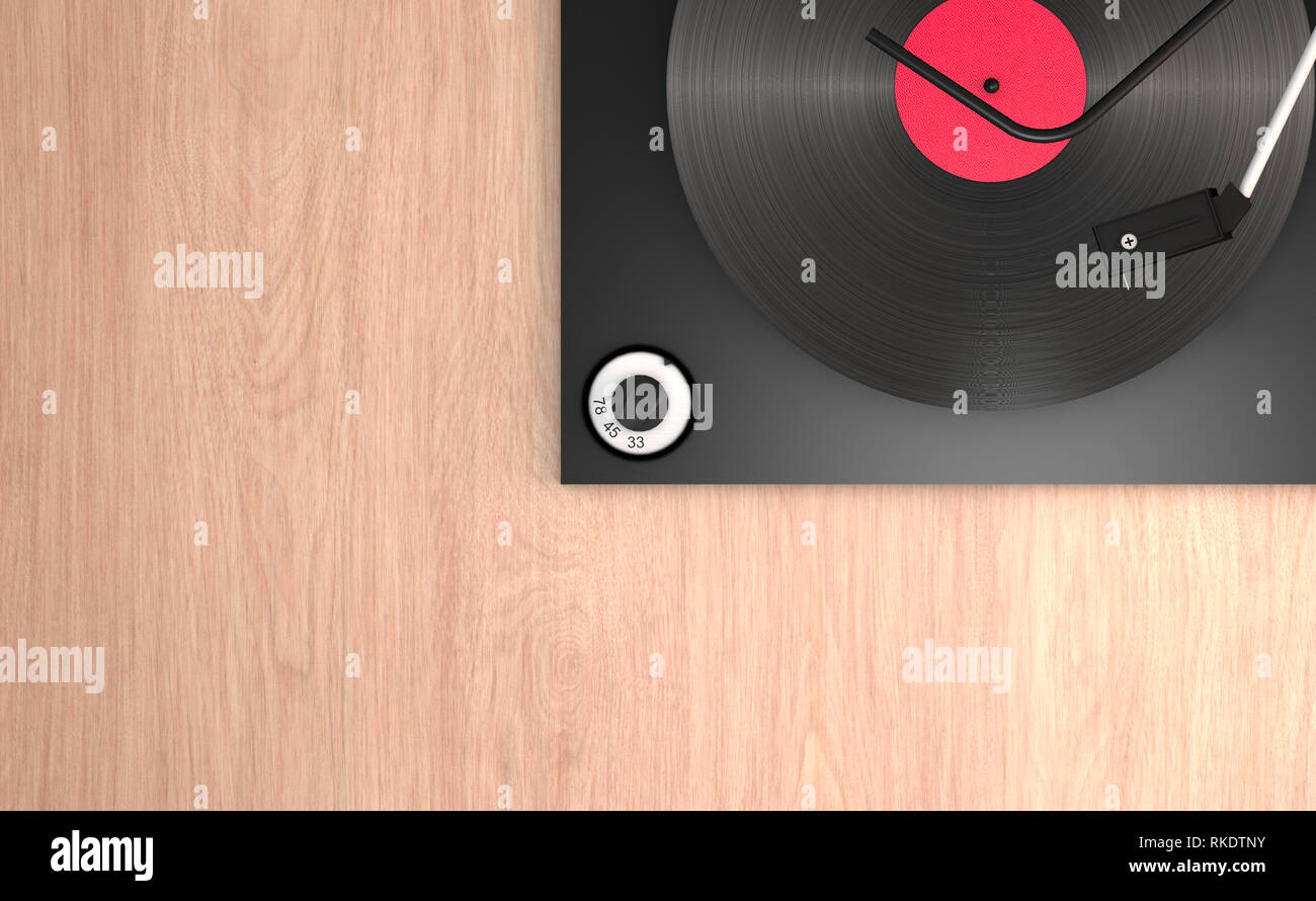 Schallplatte und Plattenspieler lehnend auf einem Holz- Oberfläche, mechanischer Arm, um die Songs zu hören. Geschwindigkeit des Zuhörens Vinyls. 3D-Rendering Stockfoto