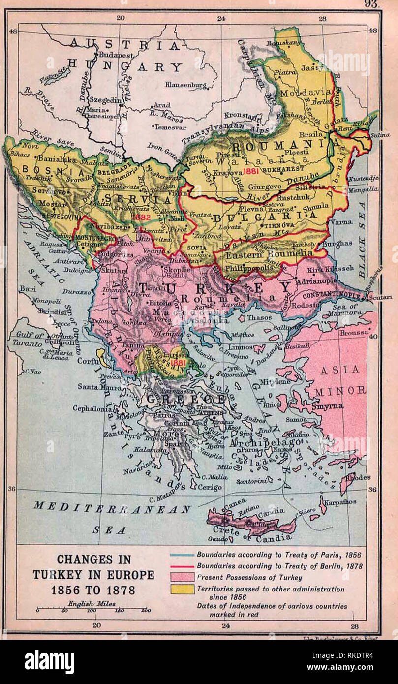 Karte von Veränderungen in der Türkei in Europa 1856 bis 1878 - Balkan Änderungen nach dem Krimkrieg Stockfoto