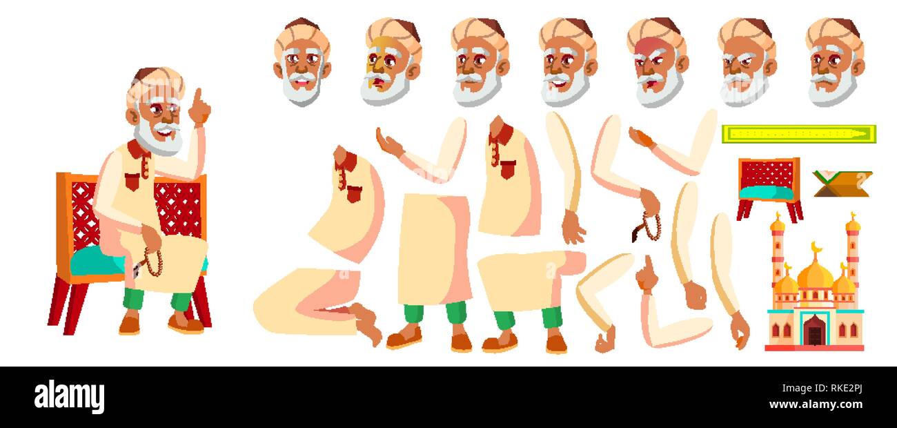 Arabische Muslimische Alte Mann Vektor Altere Person Portrat Altere Menschen Im Alter Animation Erstellen Gesicht Emotionen Gesten Banner Flyer Animierte Stock Vektorgrafik Alamy