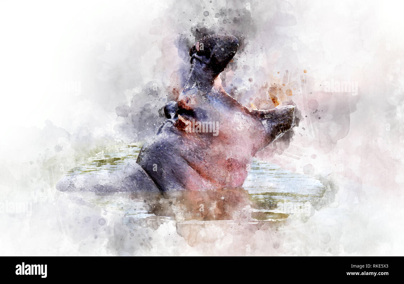 Aquarell Abbildung hippo Portrait. Schöne Wildlife World Stockfoto