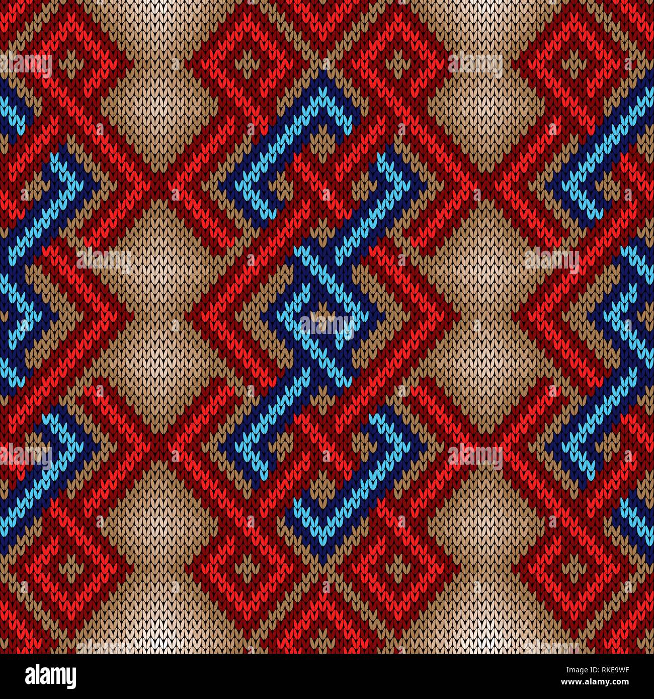 Anders Gestrickte nahtlose kunstvolle Muster mit Interlacing Linien in Rot und Blau auf der Mute Hintergrund, Vektor als Stoff Textur Stock Vektor