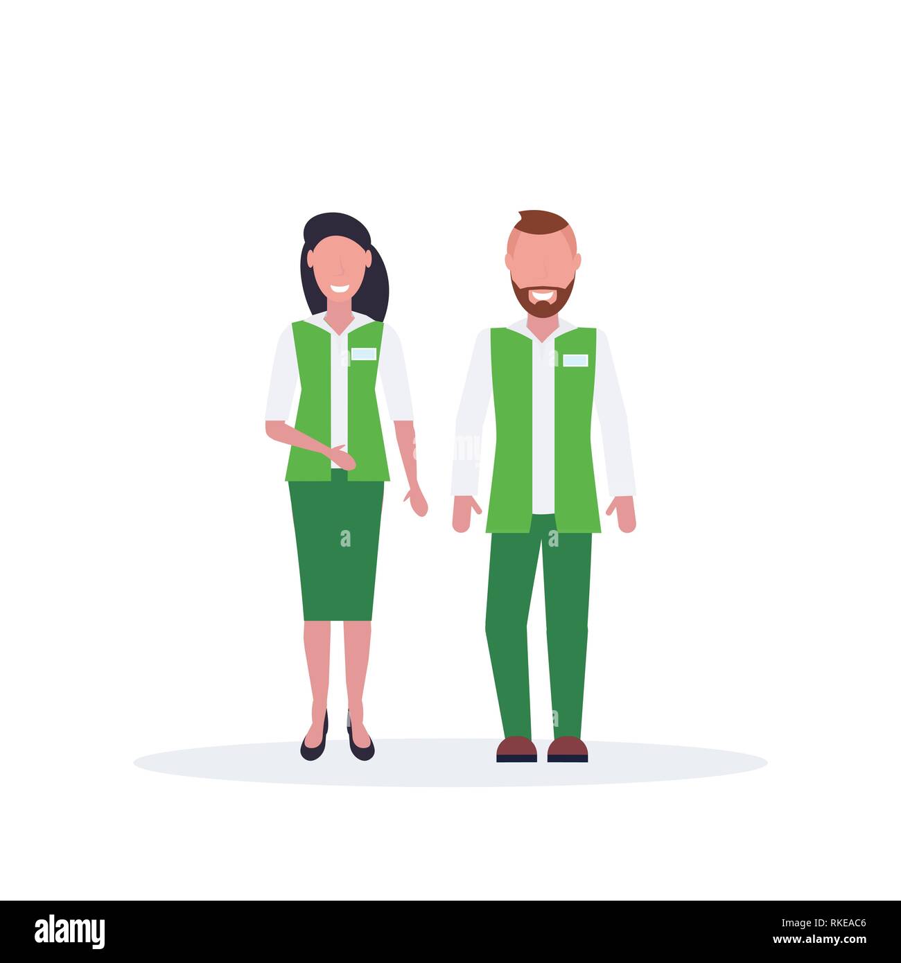 Paar Mann Frau Supermarkt Mitarbeiter gemeinsam Verkäufer und Verkäuferin in grüne Uniform glücklich männlich weiblich Zeichentrickfiguren in voller Länge Stock Vektor