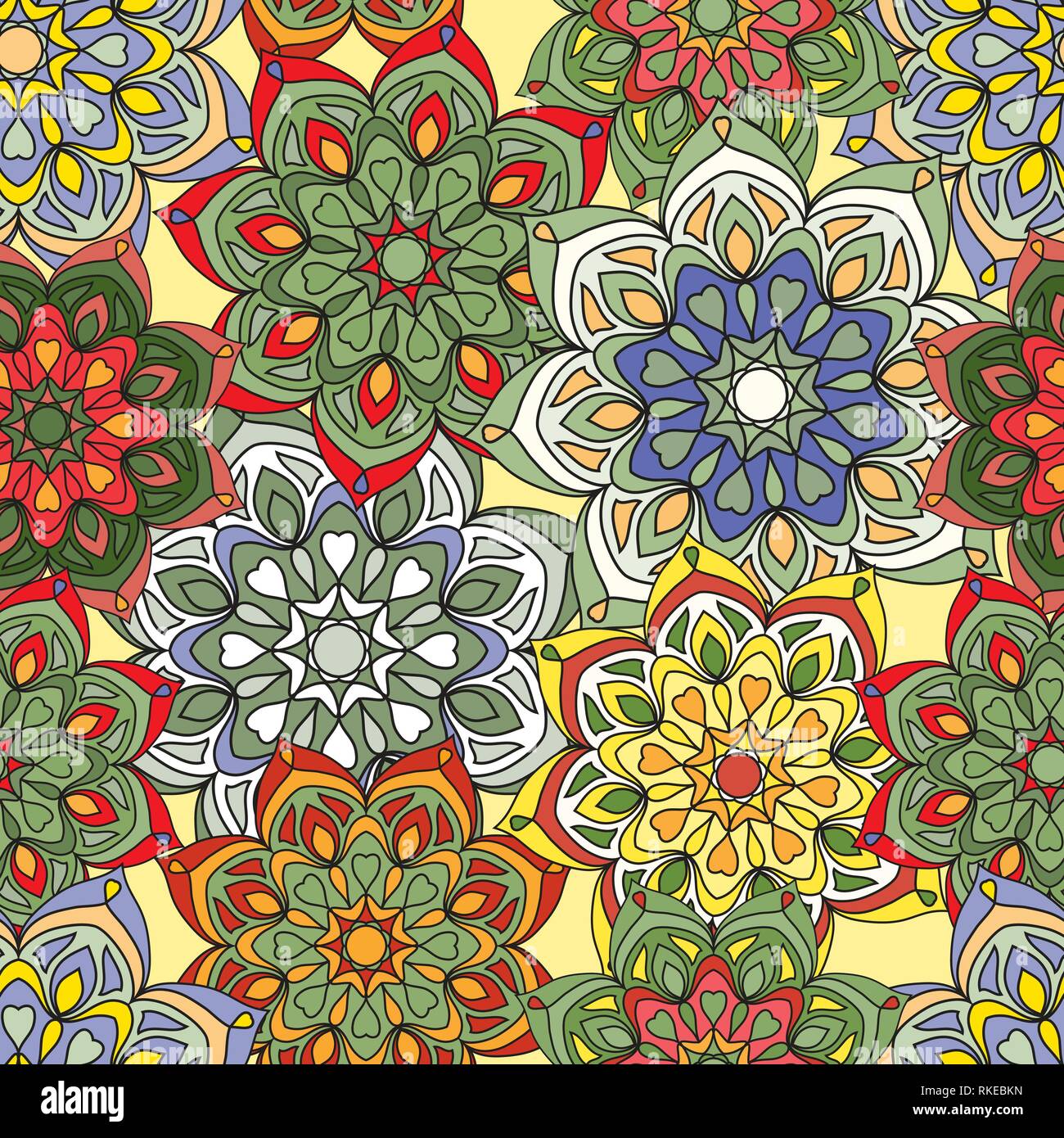 Nahtlose Muster mit Vintage Blumen. Farbige Mandalas in einem sich wiederholenden Muster. Vector Illustration. Stock Vektor