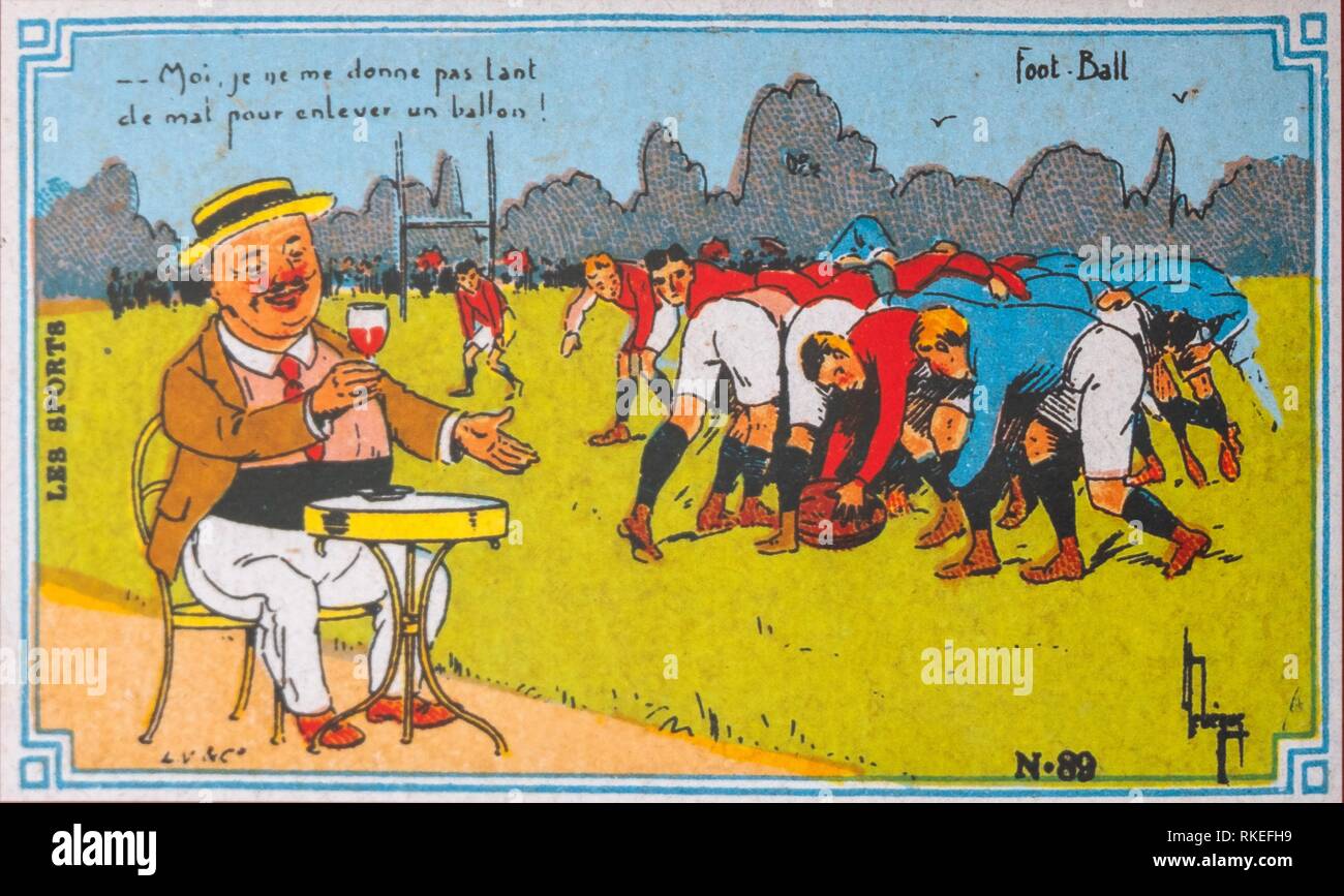 Frankreich, alte Postkarte, um 1910, über Wein und Rugby (immer noch als Fuß Ball). Stockfoto