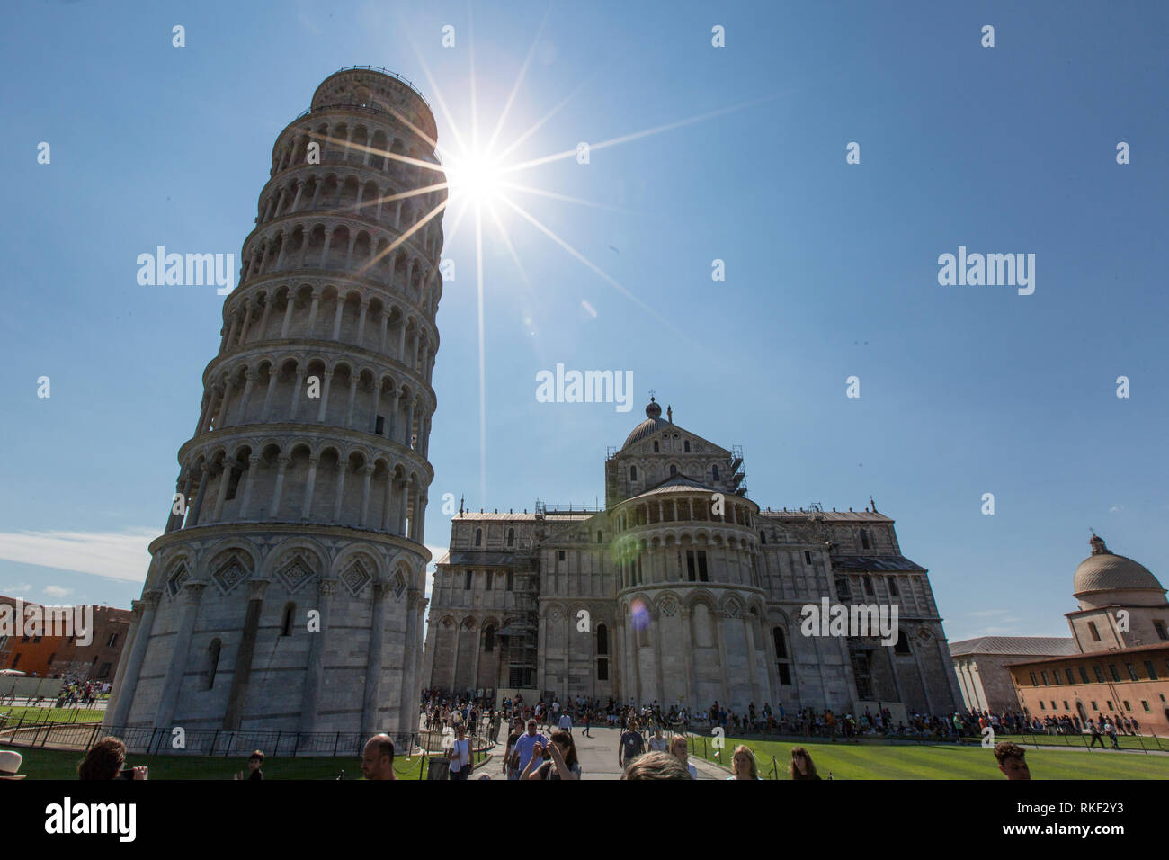 Der schiefe Turm von Pisa ist weltweit bekannt für seine unbeabsichtigte Kippen auf der einen Seite in der Toskana, Italien. Stockfoto
