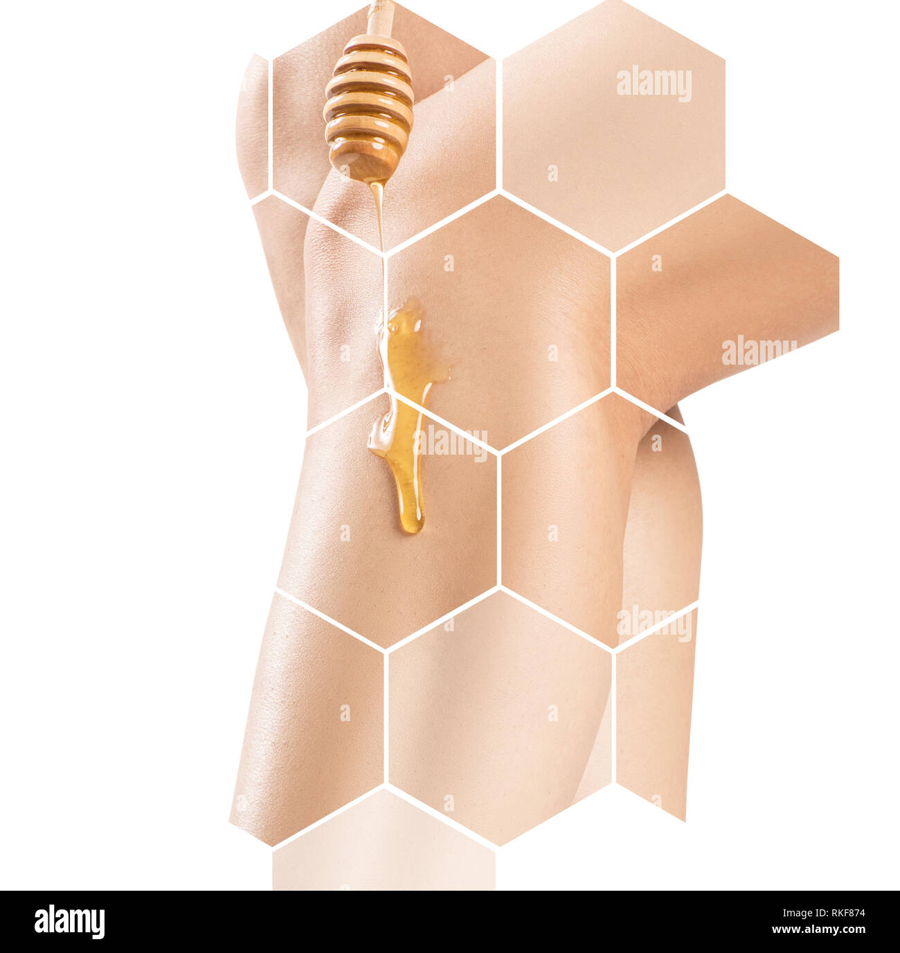 Weibliche Beine enthaaren von Honig oder Zucker Pasta. Auf weiß isoliert. Stockfoto