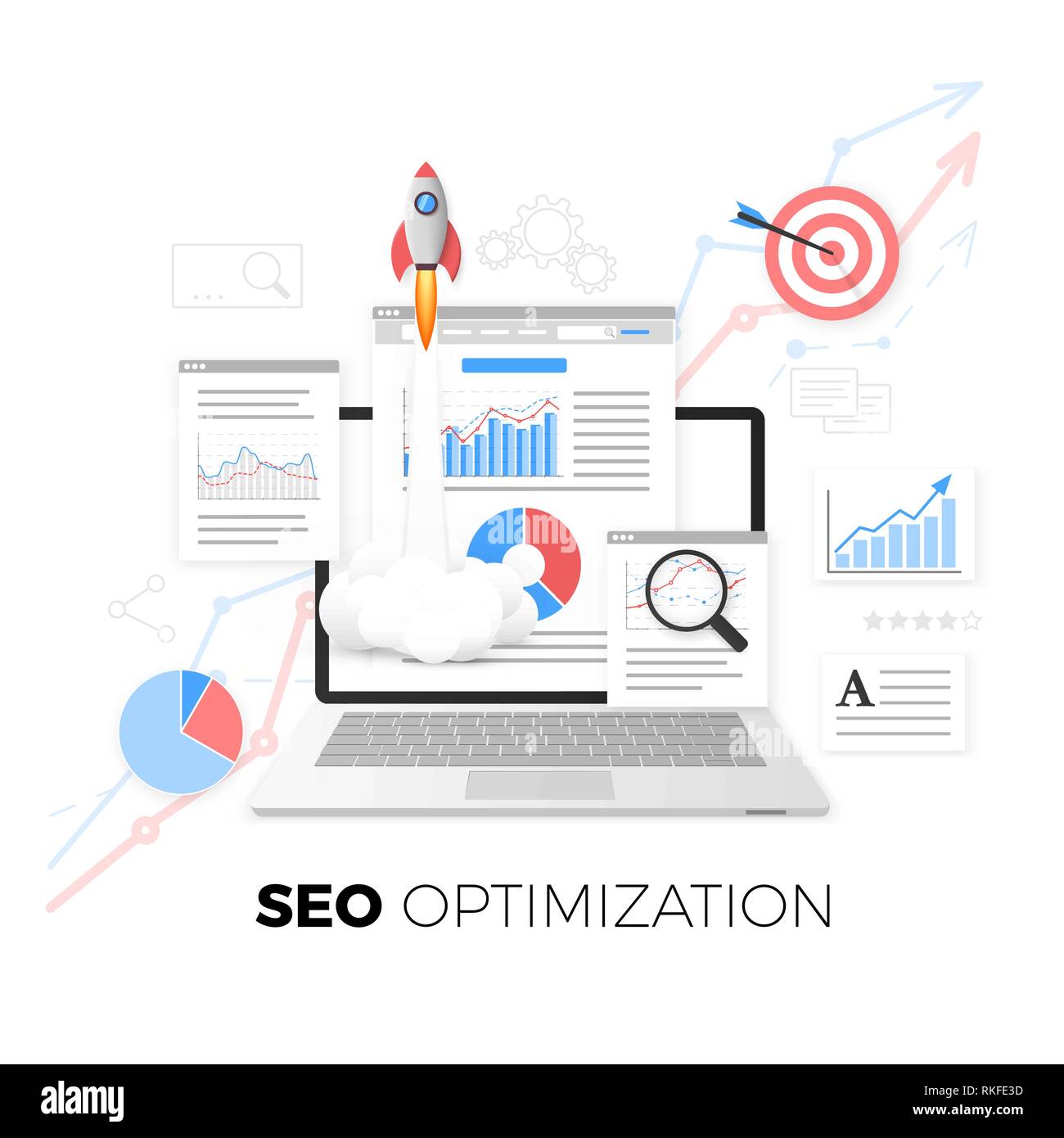 SEO Optimierung Konzept. Data Analytics. Search Engine Optimization Strategie. Inhalt Entwicklung und Produktion. Vector Illustration Stock Vektor