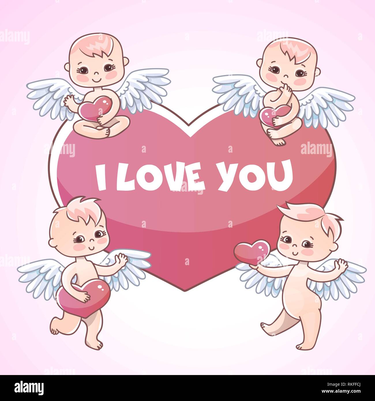 Engel babys Sticker für Geschenk am Valentinstag. Engel mit Herz in der Hand. Postkarte und Erklärung der Liebe Stock Vektor