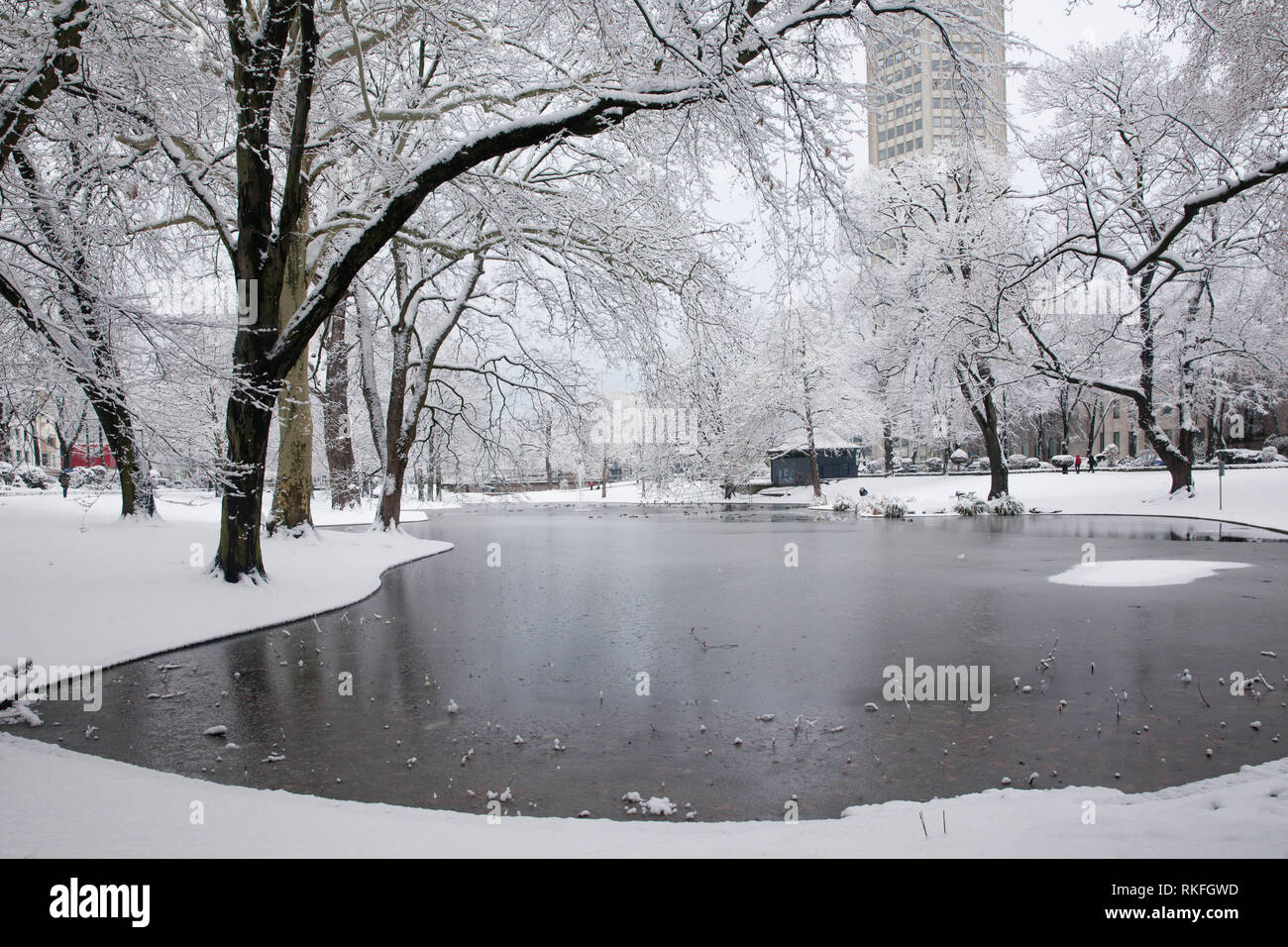 Teich am Theodor-Heuss-Ring in der Nähe des Platz Ebertplatz, schnee, winter, Köln, Deutschland. Weiher am Theodor-Heuss-Ring nahe Ebertplatz, Schnee, Wint Stockfoto