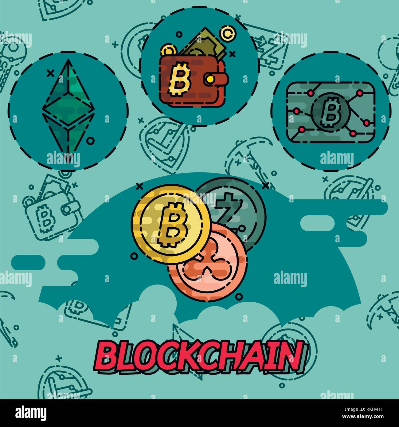 Blockchain flachbild Konzept Symbole. Cryptocurrency Thema. Vector Illustration, EPS 10. Stock Vektor