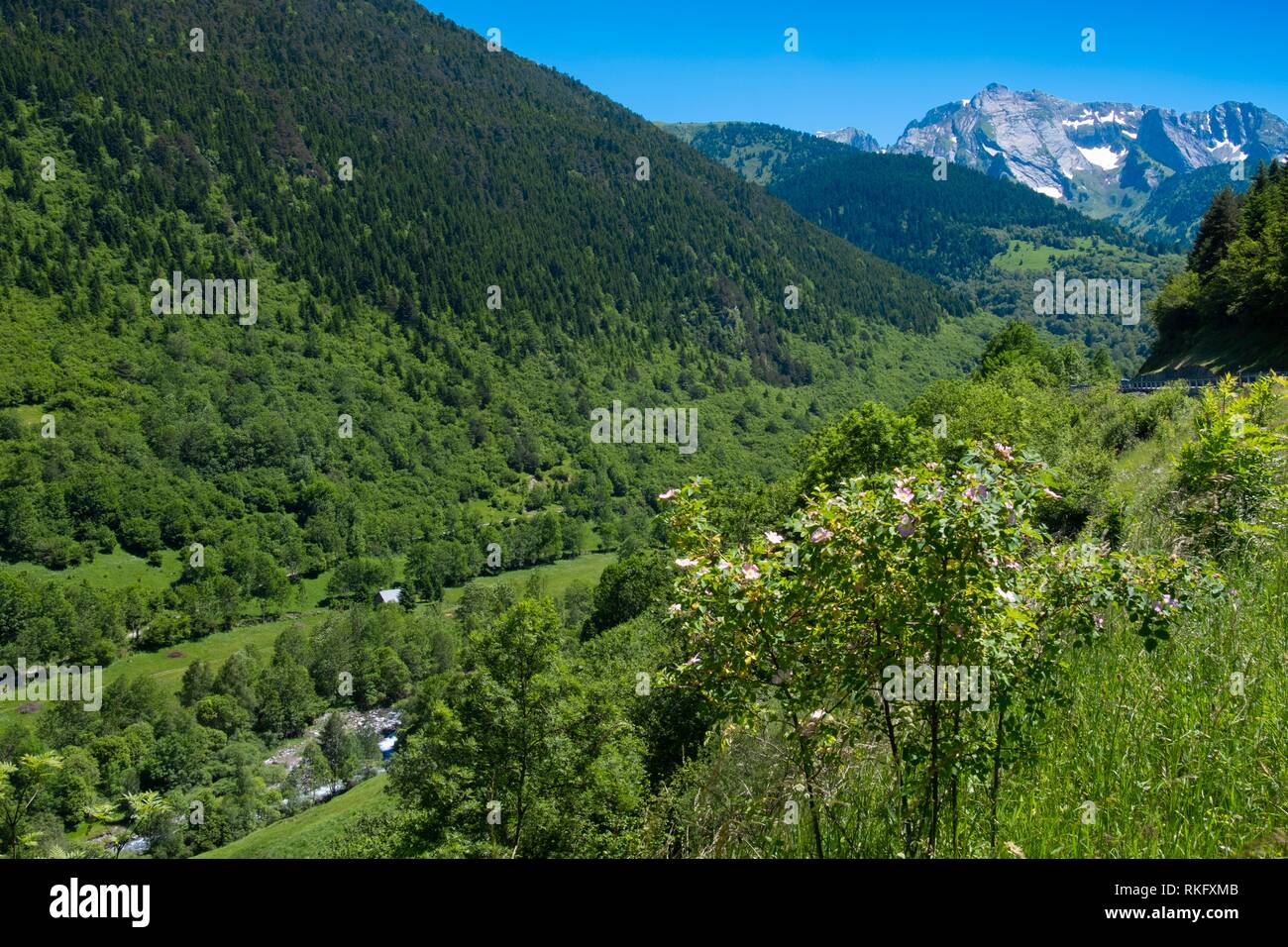 Spanien, Val d'Aran, Fluss Garonne, die Pyrenäen Berge. Stockfoto