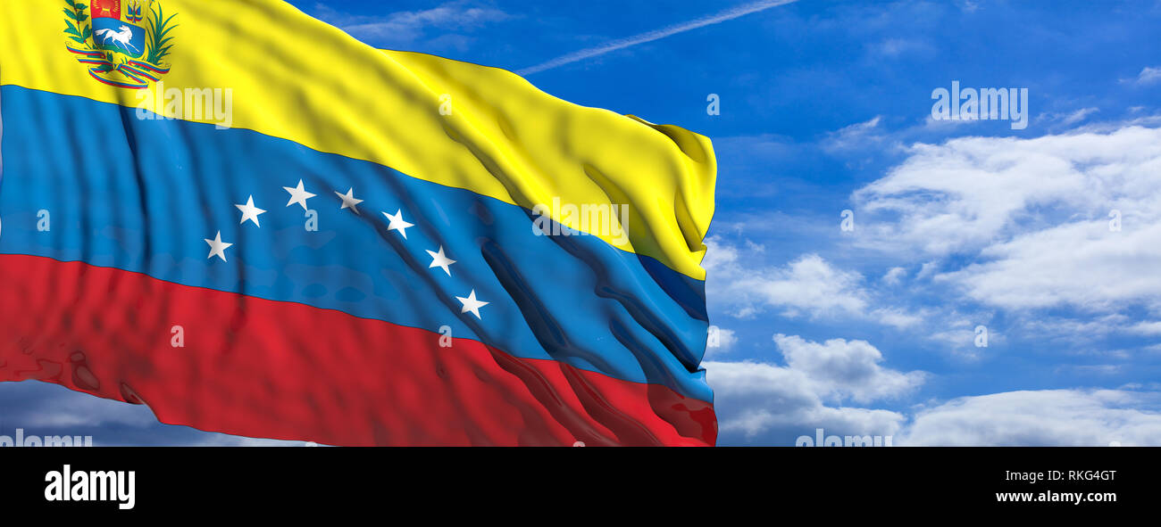 Venezuela Flagge. Venezolanische Flagge auf der Pole winken auf blauen Himmel mit Wolken Hintergrund. 3D-Darstellung Stockfoto