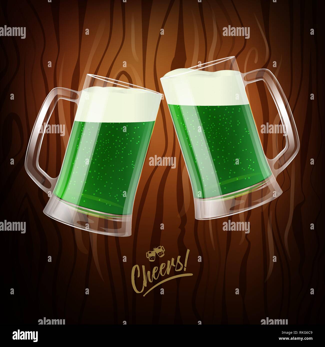 Zwei Becher mit grünem Bier, klirren Gläser, St. Patrick's Day Symbol Stock Vektor