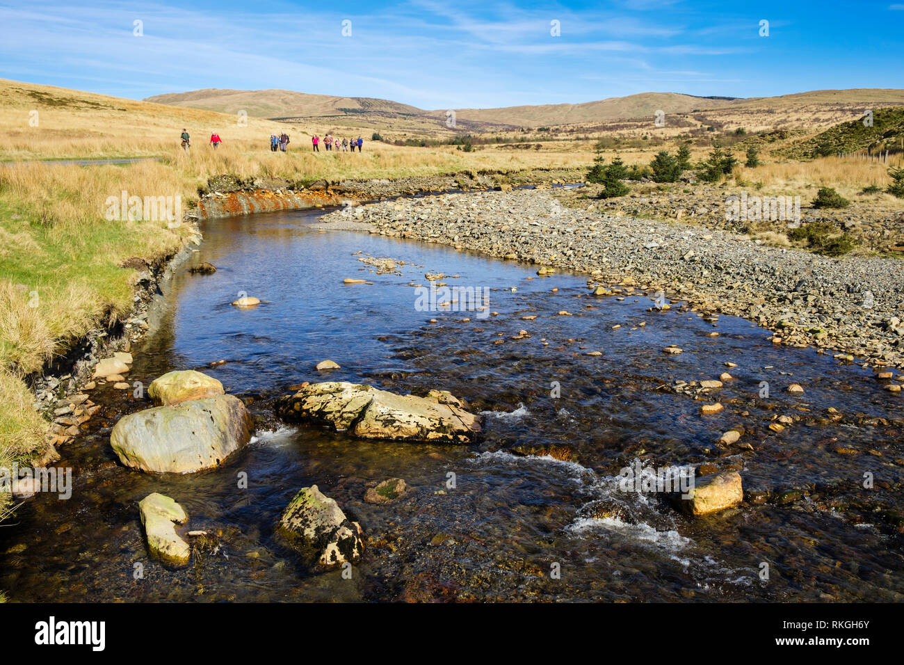 Afon gewinnen Fluss und Wanderer im südlichen Snowdonia National Park. Bronaber, Trawsfynydd, Gwynedd, Wales, Großbritannien, Großbritannien Stockfoto