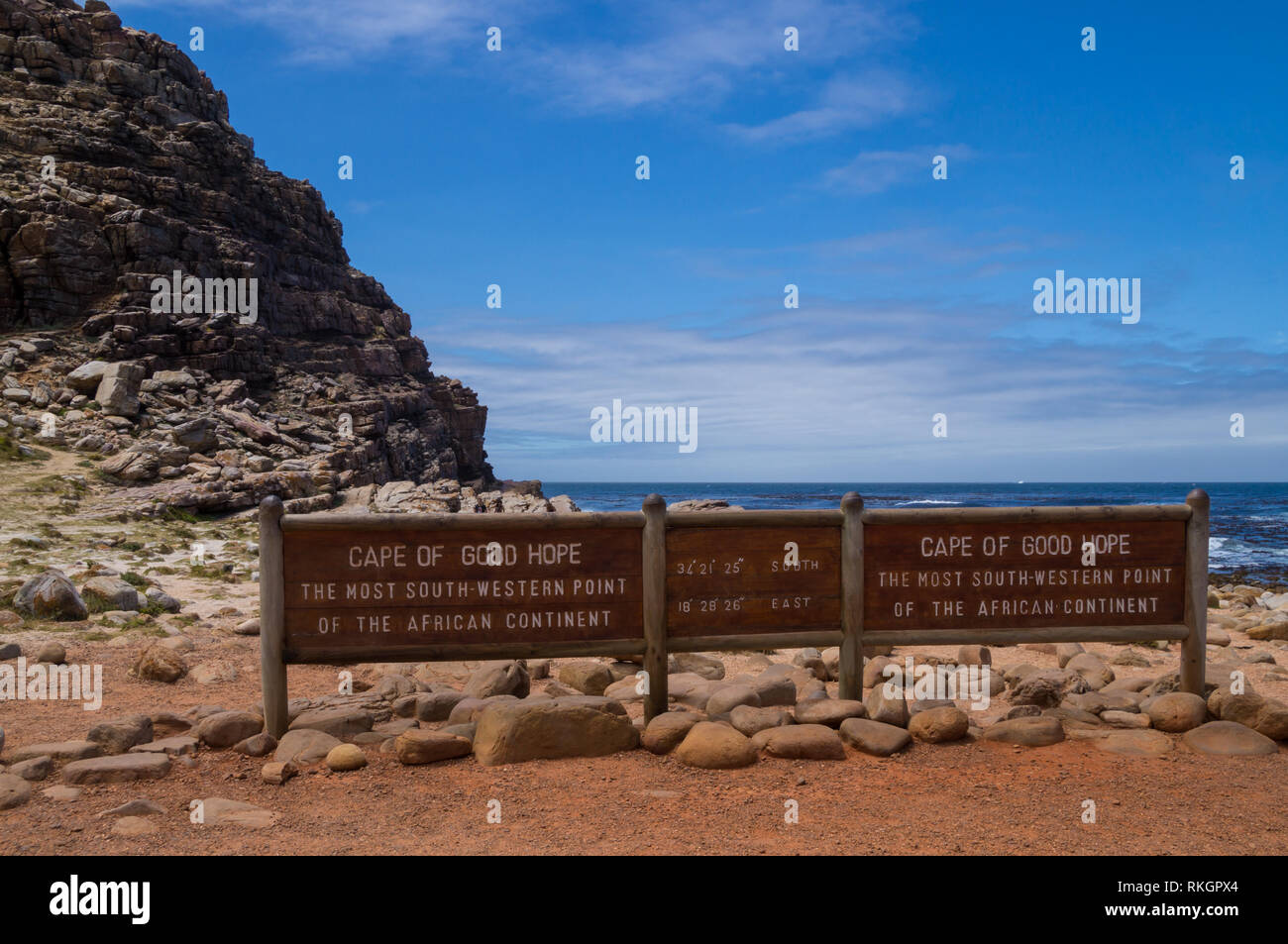 Kap der Guten Hoffnung Zeichen - Der südwestlichste Punkt des afrikanischen Kontinents. Stockfoto