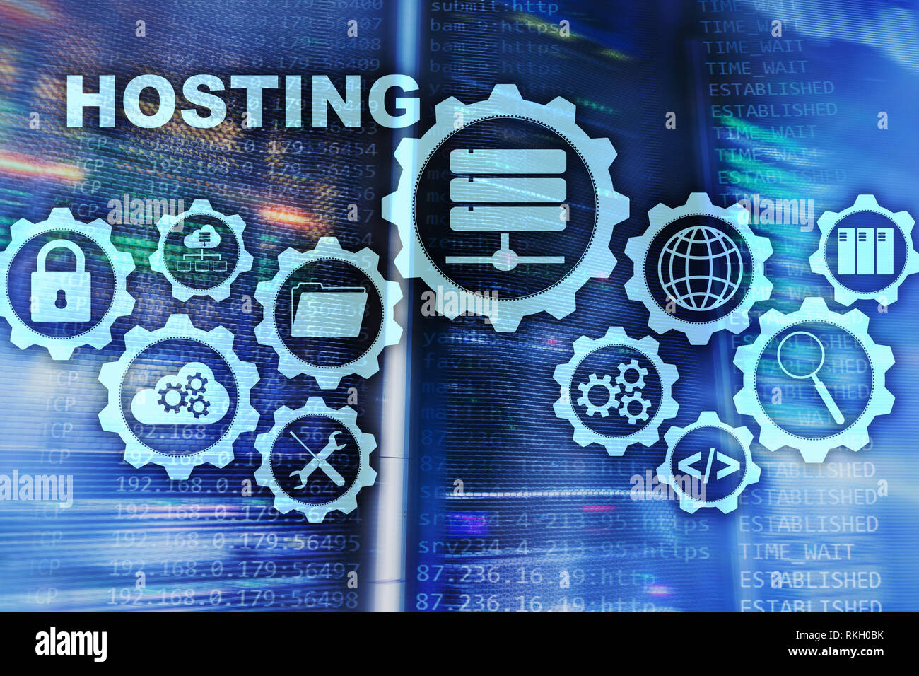 Web Hosting Technik Internet und Netzwerk Konzept. Auf Server zimmer Hintergrund. Virual Bildschirm Stockfoto