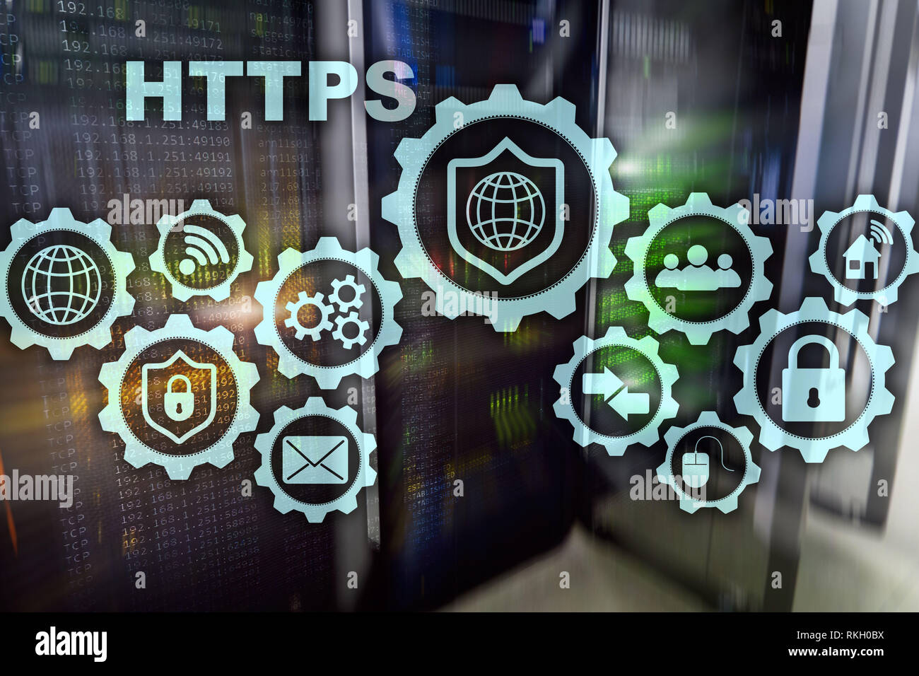 HTTPS. Hypertext Transport Protocol Secure. Technologiekonzept auf dem Server Zimmer Hintergrund. Virtuelle Symbol für Network Security web service Stockfoto