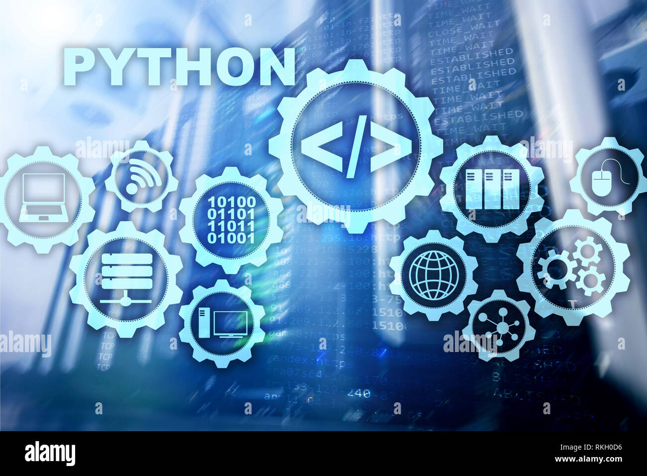 Programmiersprache Python auf server Zimmer Hintergrund. Programmierung Workflow abstrakter Algorithmus Konzept auf virtuellen Bildschirm Stockfoto