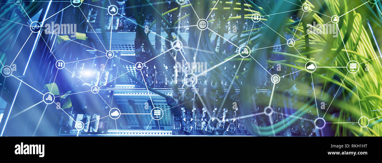 Tk-Konzept mit abstrakten Netzwerkstruktur und Serverraum Hintergrund Stockfoto