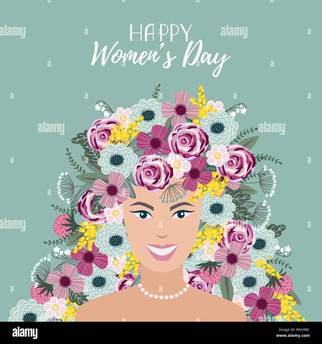 Vector Illustration mit cute woman und doodle Flachbild Blumen Stock Vektor