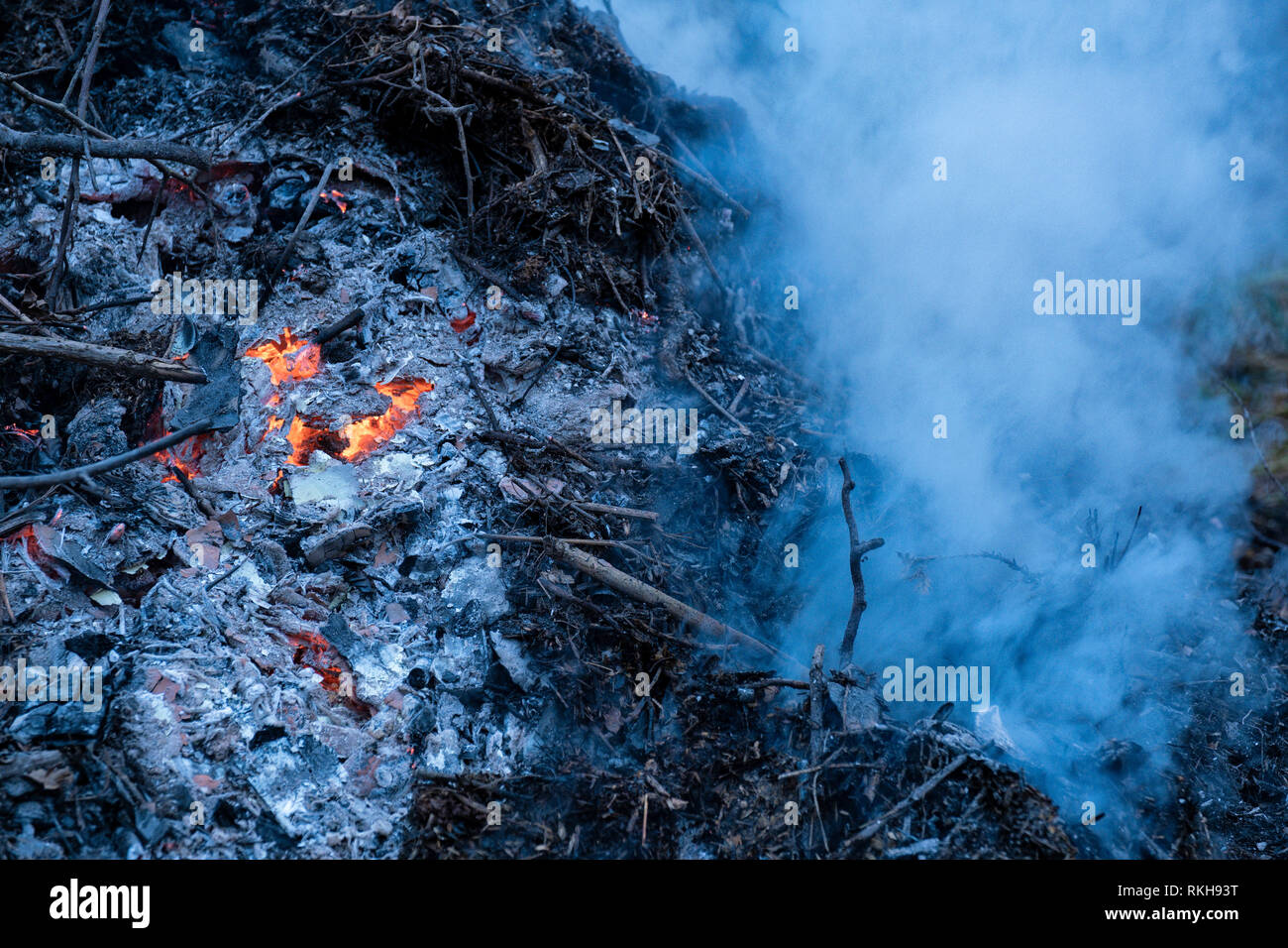 Glut und Rauch von einer sterbenden Bonfire. Stockfoto