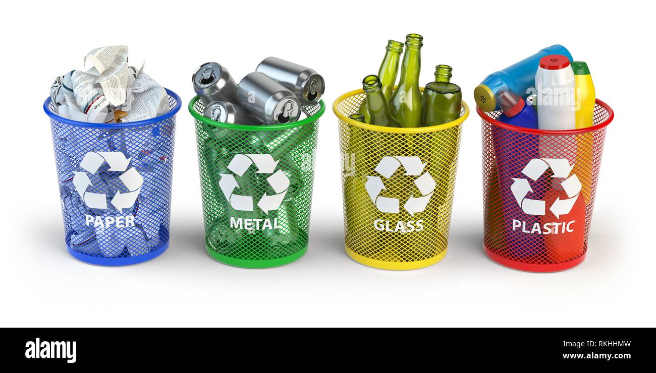 Farbige Mülleimer für Recycle Papier, Plastik, Glas und Metall auf weißem  Hintergrund. 3D-Darstellung Stockfotografie - Alamy