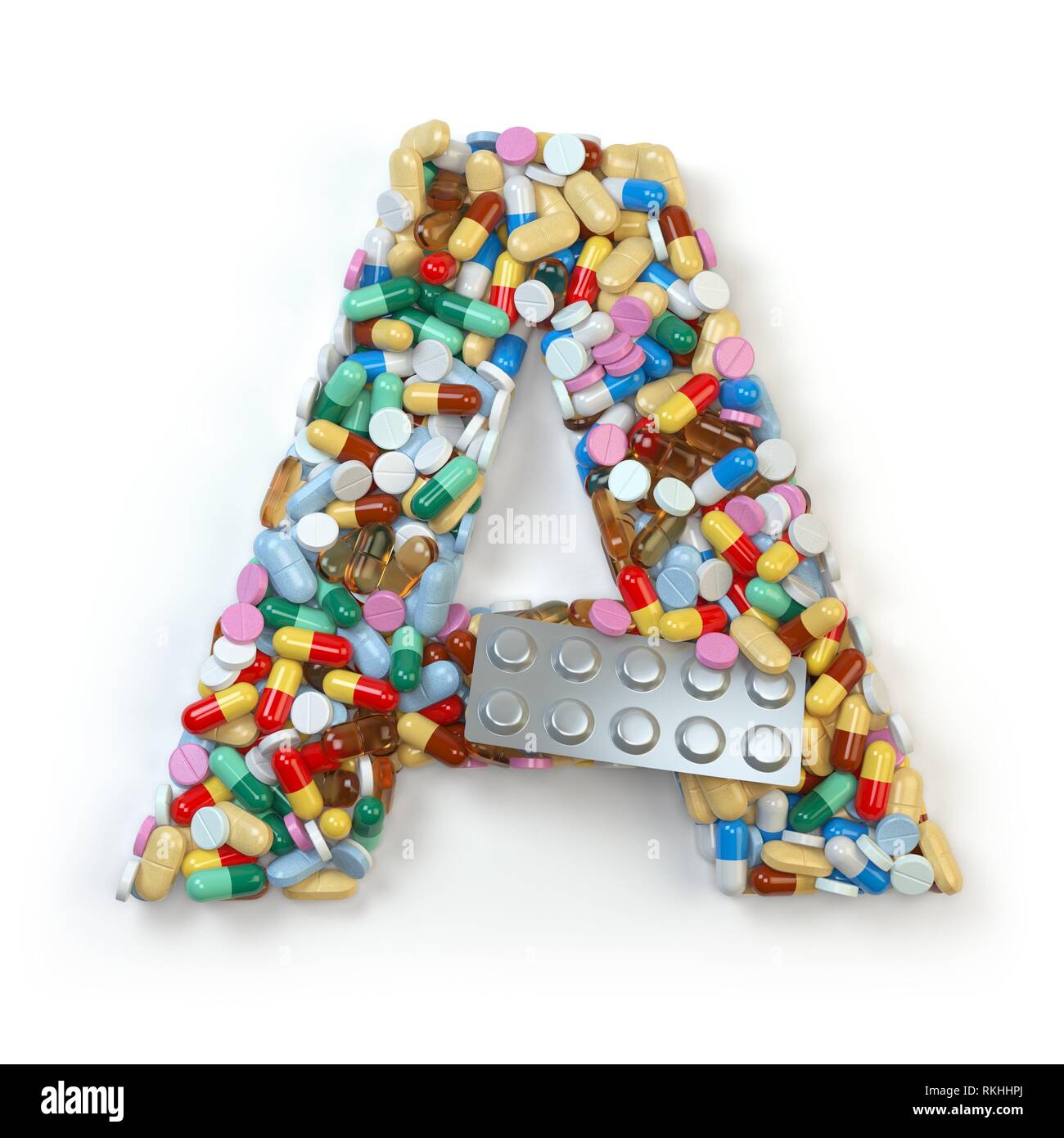 Buchstabe A. Satz von Alphabet der Medizin Pillen, Kapseln, Tabletten und  Blasen auf Weiß isoliert. 3D-Darstellung Stockfotografie - Alamy