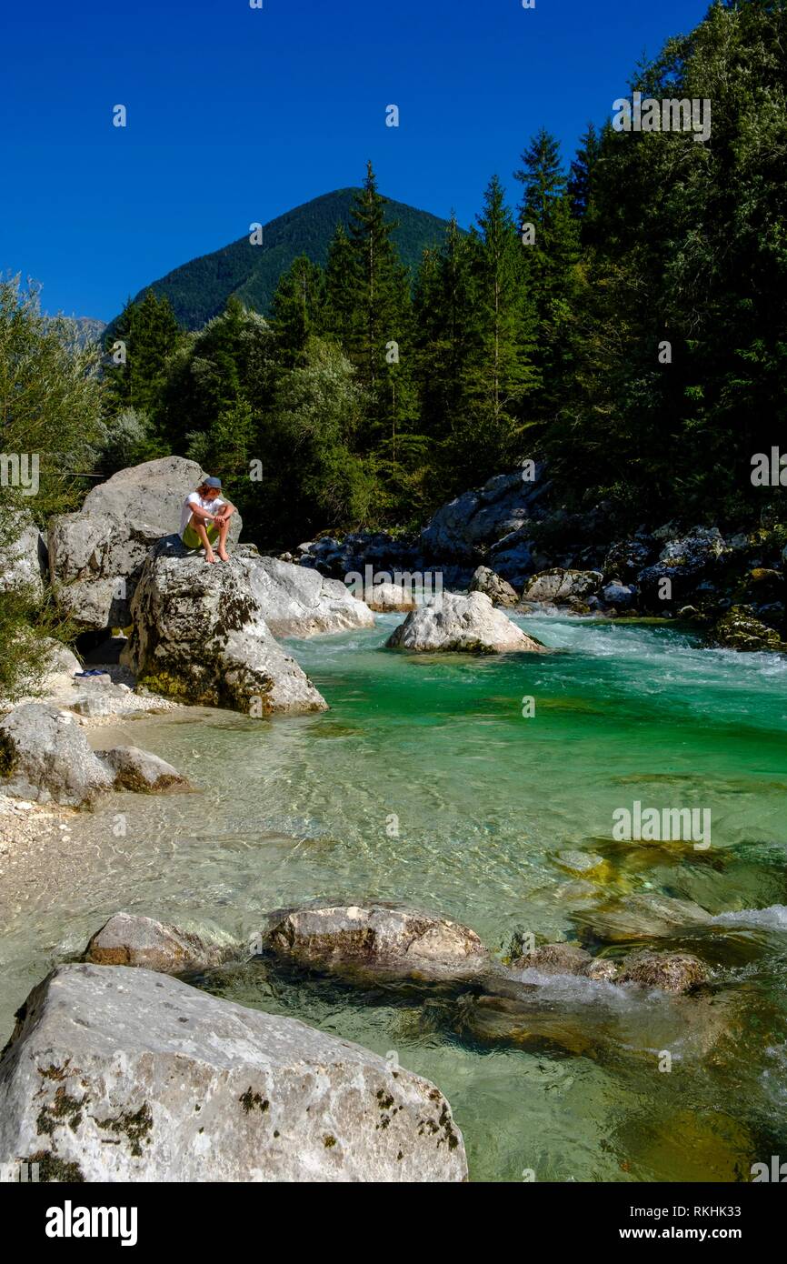 Fluss Soca, Isonzo, Triglav National Park, in der Nähe von Trenta, Soca Tal, Slowenien Stockfoto