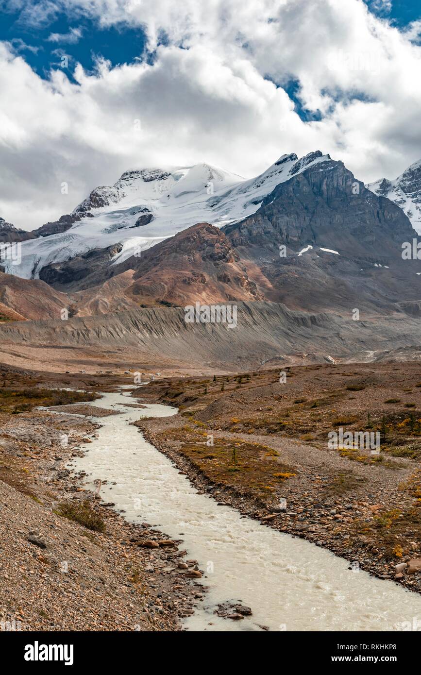 Glacier Tal des Mount Athabasca, Saskatchewan Gletscher, Athabasca Glacier, Icefields Parkway, Jasper National Park National Stockfoto