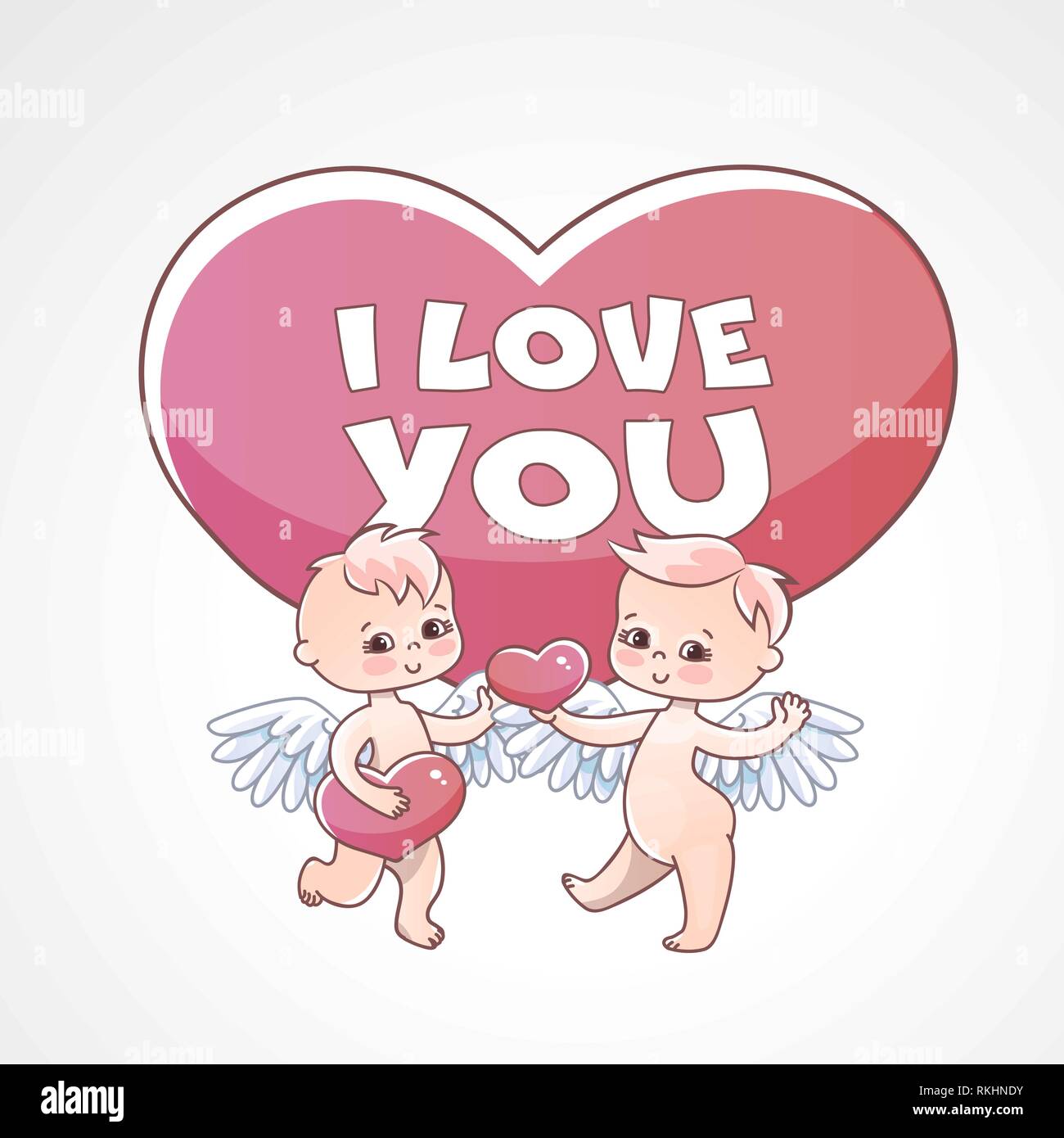 Engel babys Sticker für Geschenk am Valentinstag. Engel mit Herz in der Hand. Postkarte und Erklärung der Liebe Stock Vektor