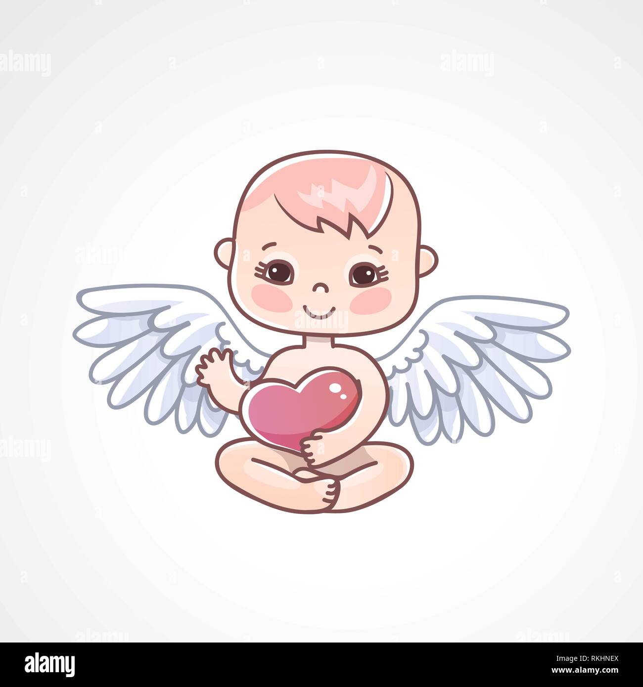Baby Engel mit Herz in der Hand auf einem weißen Hintergrund. Grußkarten zum Valentinstag. Stock Vektor