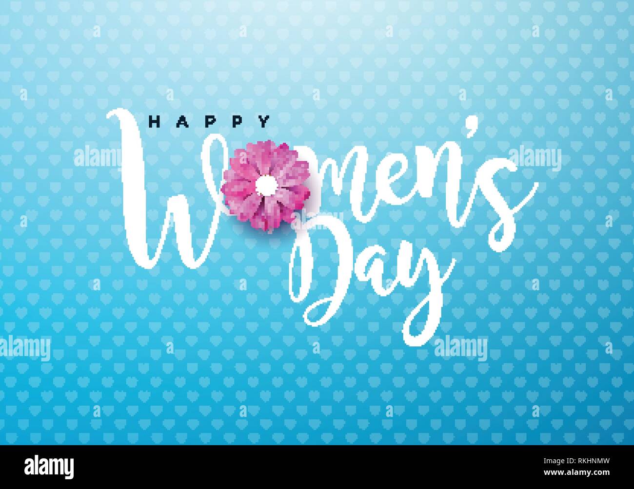 Happy Tag der Frauen Blumen Grußkarte. Internationale Feiertag Illustration mit Blume und Typografie Design auf blauem Hintergrund. Vektor Frühling 8. März Stock Vektor