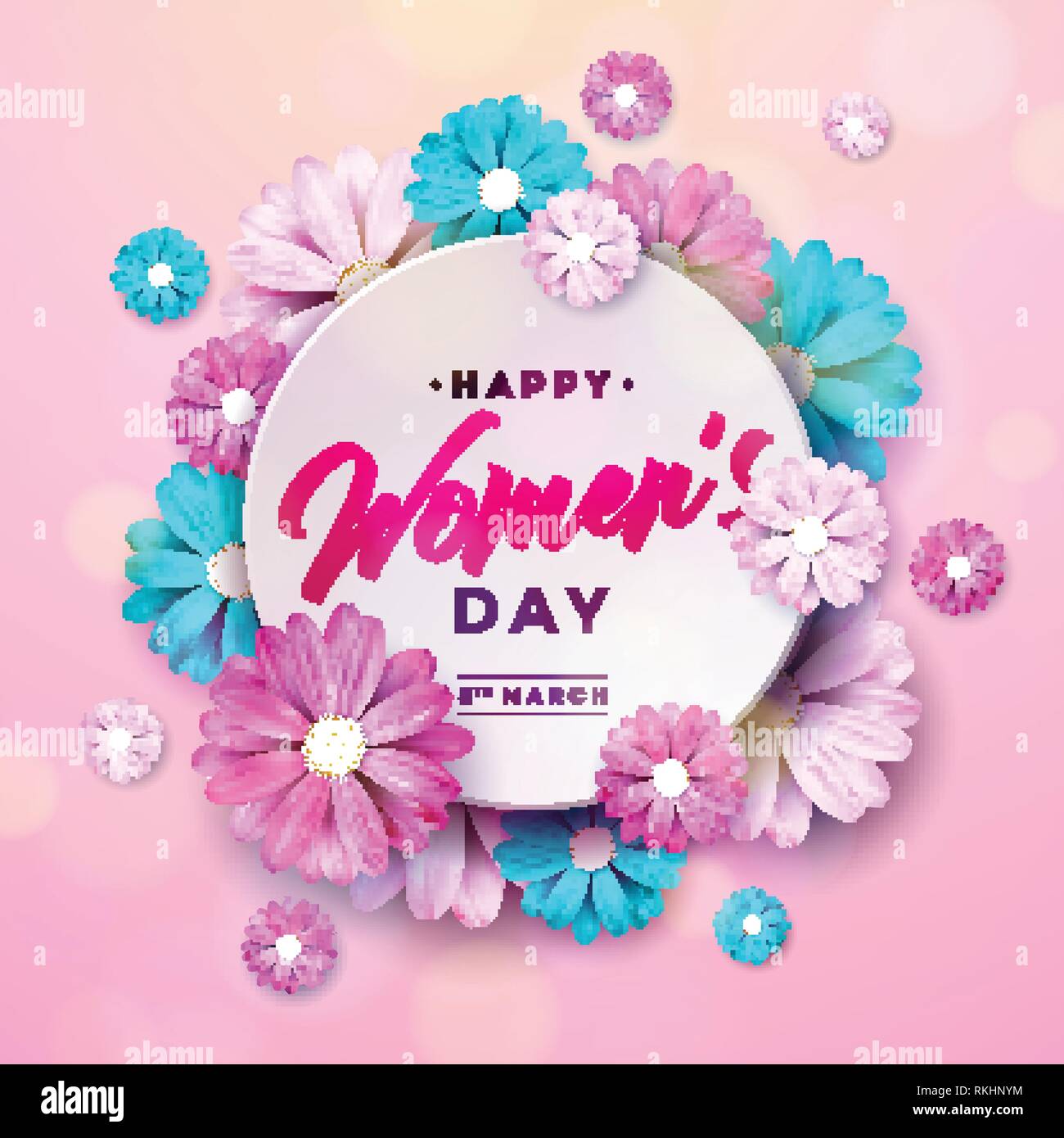 8. März. Happy Tag der Frauen Blumen Grußkarte. Internationale Feiertag Illustration mit Blumenmuster auf Rosa Hintergrund. Vektor Frühlingsfest Stock Vektor