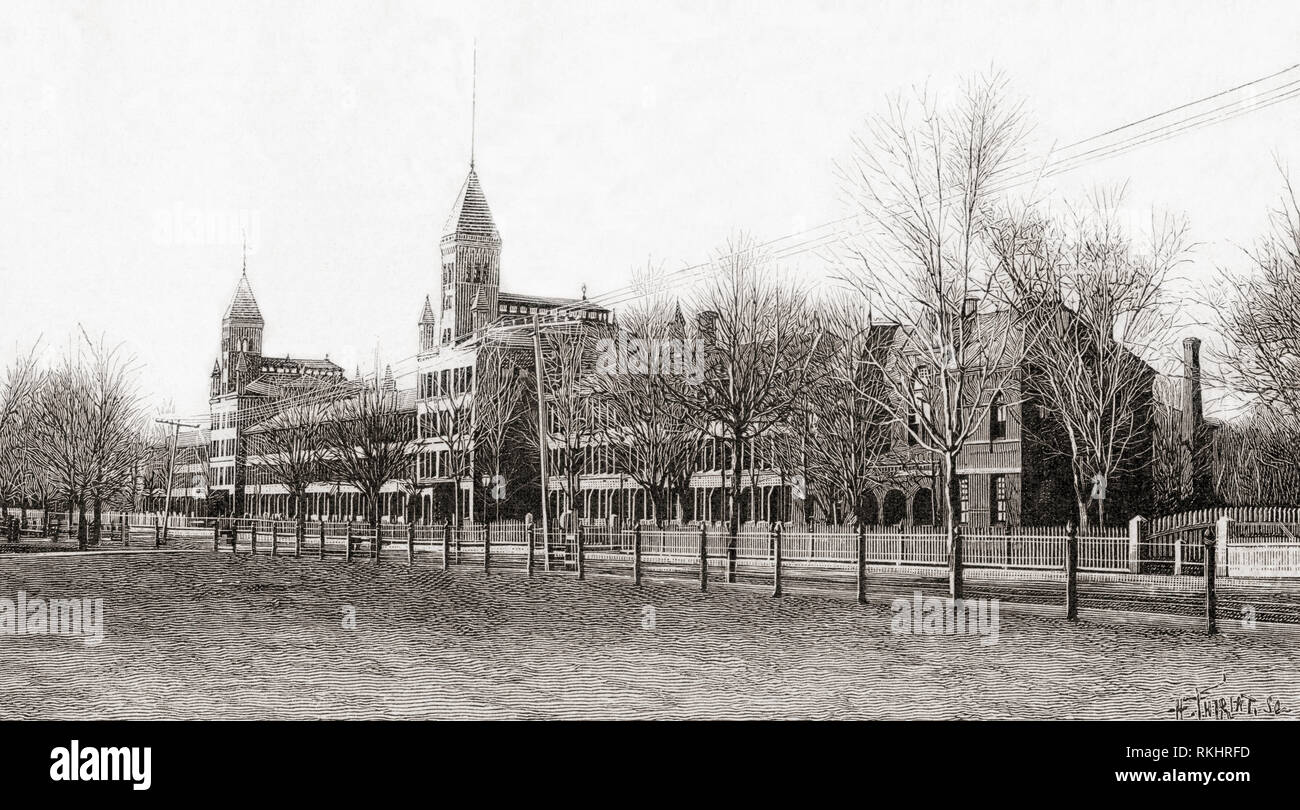 The Waltham Watch Company, auch bekannt als The American Waltham Watch Co. Und The American Watch Co, Waltham, Massachusetts, USA. Hier im 19th. Jahrhundert gesehen. Aus La Ilustracion Artistica, veröffentlicht 1887. Stockfoto