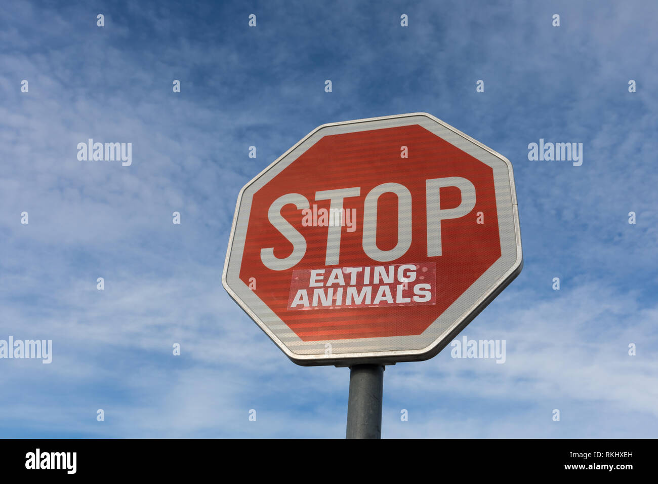 Aufhören zu essen Tiere Verkehrsschild, vegan Konzept Stockfoto