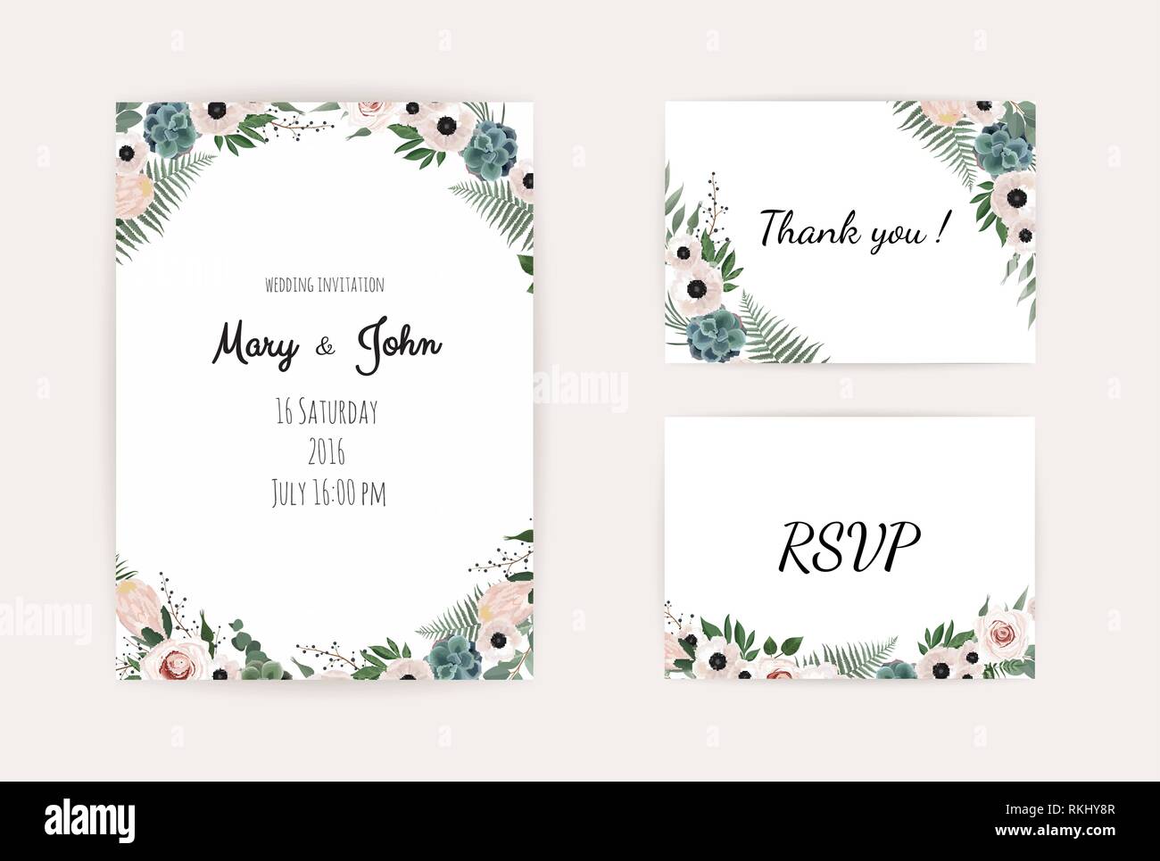 Hochzeit Einladung, Datum speichern, Danke, Rsvp card Design vorlage. Vektor. Rosa Rose, Olive verlässt. Aquarell Stil. Stock Vektor