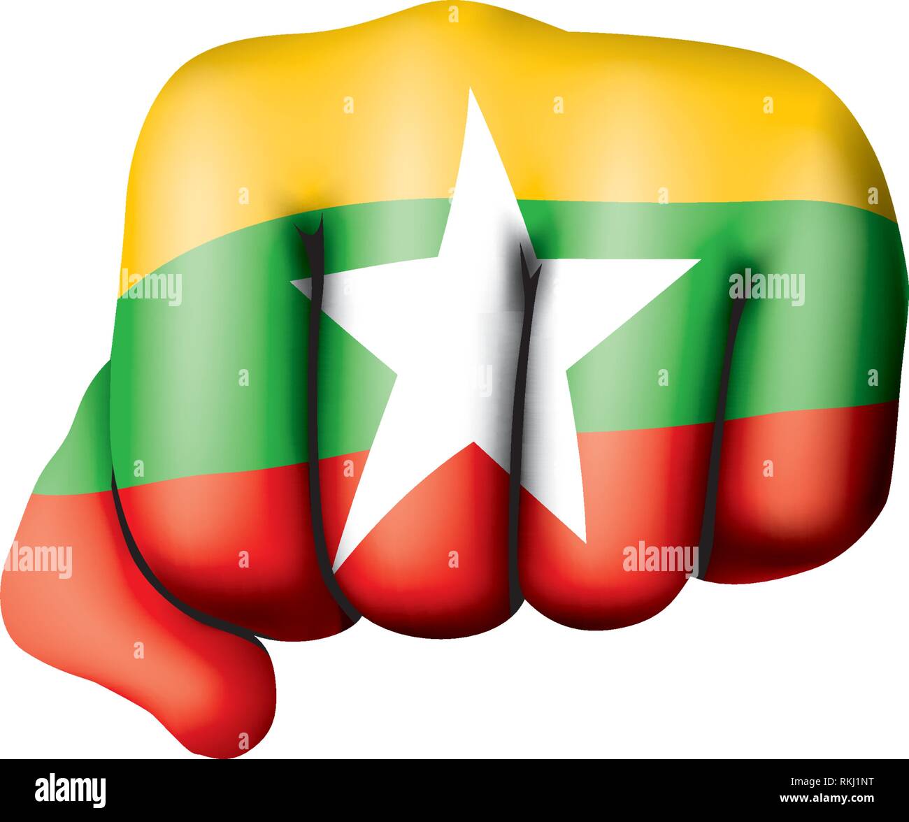 Myanmar Flagge und Hand auf weißem Hintergrund. Vector Illustration Stock Vektor