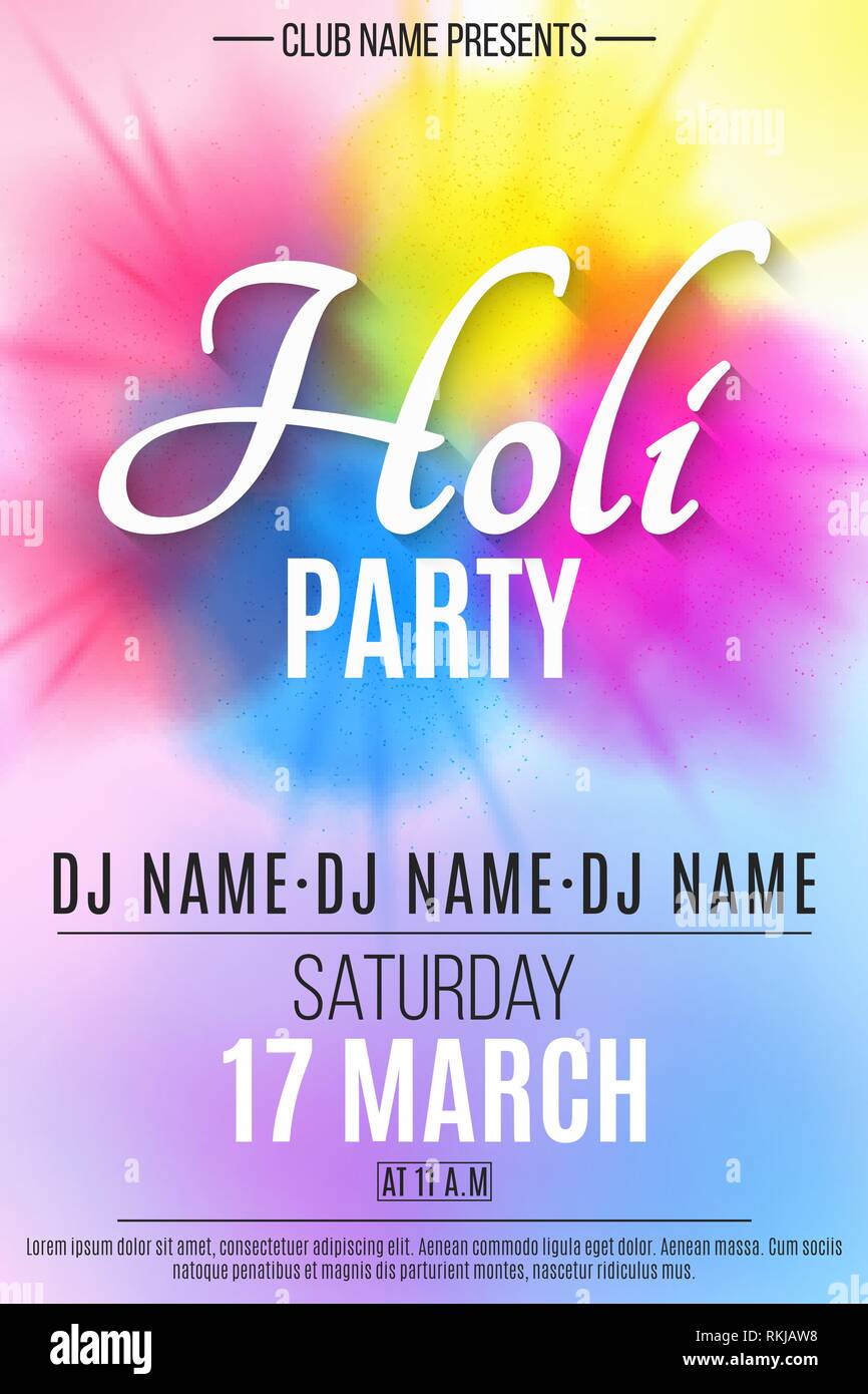 Happy Holi party Flyer. Indische Fest der Farben. Spray bunt malen.  Einladung Plakat. DJ und Club name. Farbe blast. Vector Illustration. EP  Stock-Vektorgrafik - Alamy