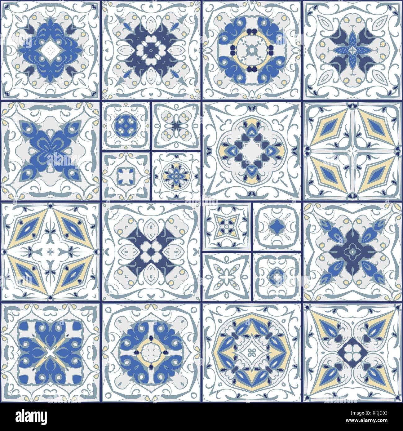 Eine Sammlung von keramischen Fliesen in Weiß und Blau. Eine Reihe von quadratischen Muster im ethnischen Stil. Vector Illustration. Stock Vektor