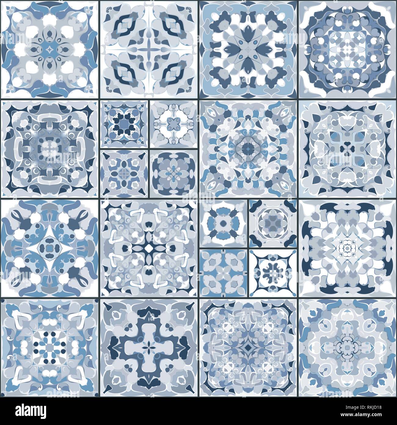 Eine Sammlung von keramischen Fliesen in Weiß und Blau. Eine Reihe von quadratischen Muster im ethnischen Stil. Vector Illustration. Stock Vektor