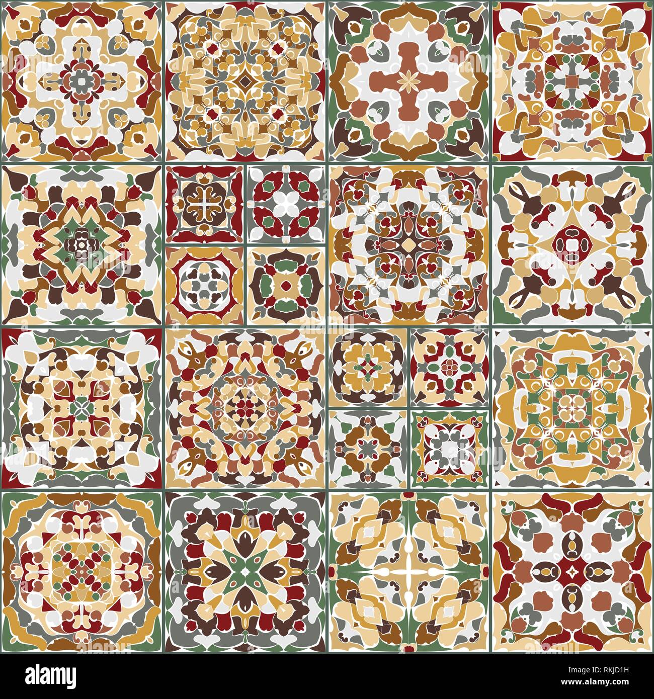 Eine Sammlung von Keramikfliesen in hellen Farben. Eine Reihe von quadratischen Muster im ethnischen Stil. Vector Illustration. Stock Vektor