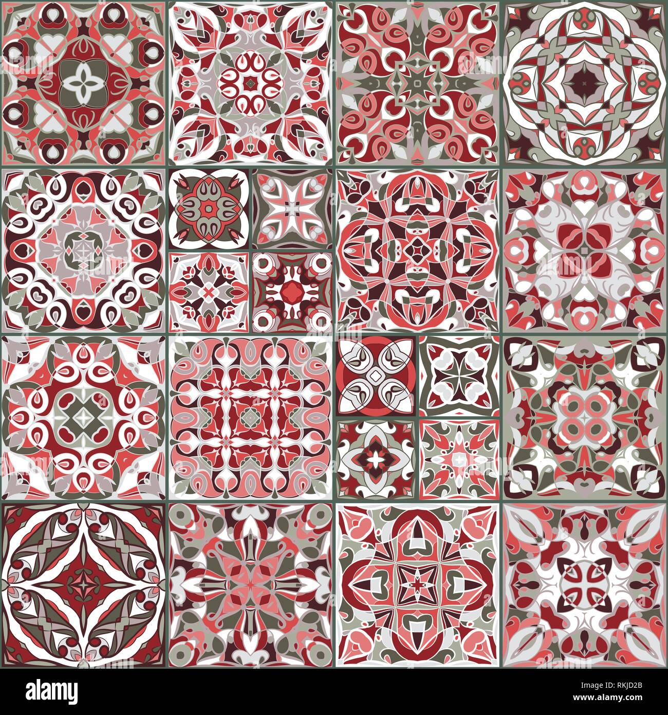 Eine Sammlung von Keramikfliesen in roten Farben. Eine Reihe von quadratischen Muster im ethnischen Stil. Vector Illustration. Stock Vektor