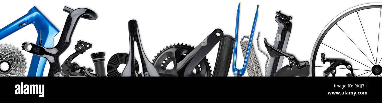 Road Racing bicycle breites Panorama mit verschiedenen Carbon und Metall Teile Komponenten blau schwarz Moderne auf weißem Hintergrund Stockfoto