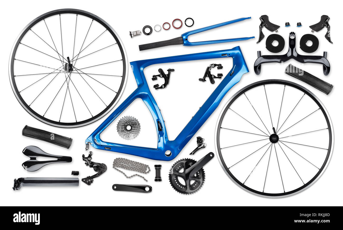 Alle Einzelteile Komponenten von Blau Schwarz moderne aerodynmic Carbon sport Road bike Bicycle racing Racer auf weißem Hintergrund Stockfoto